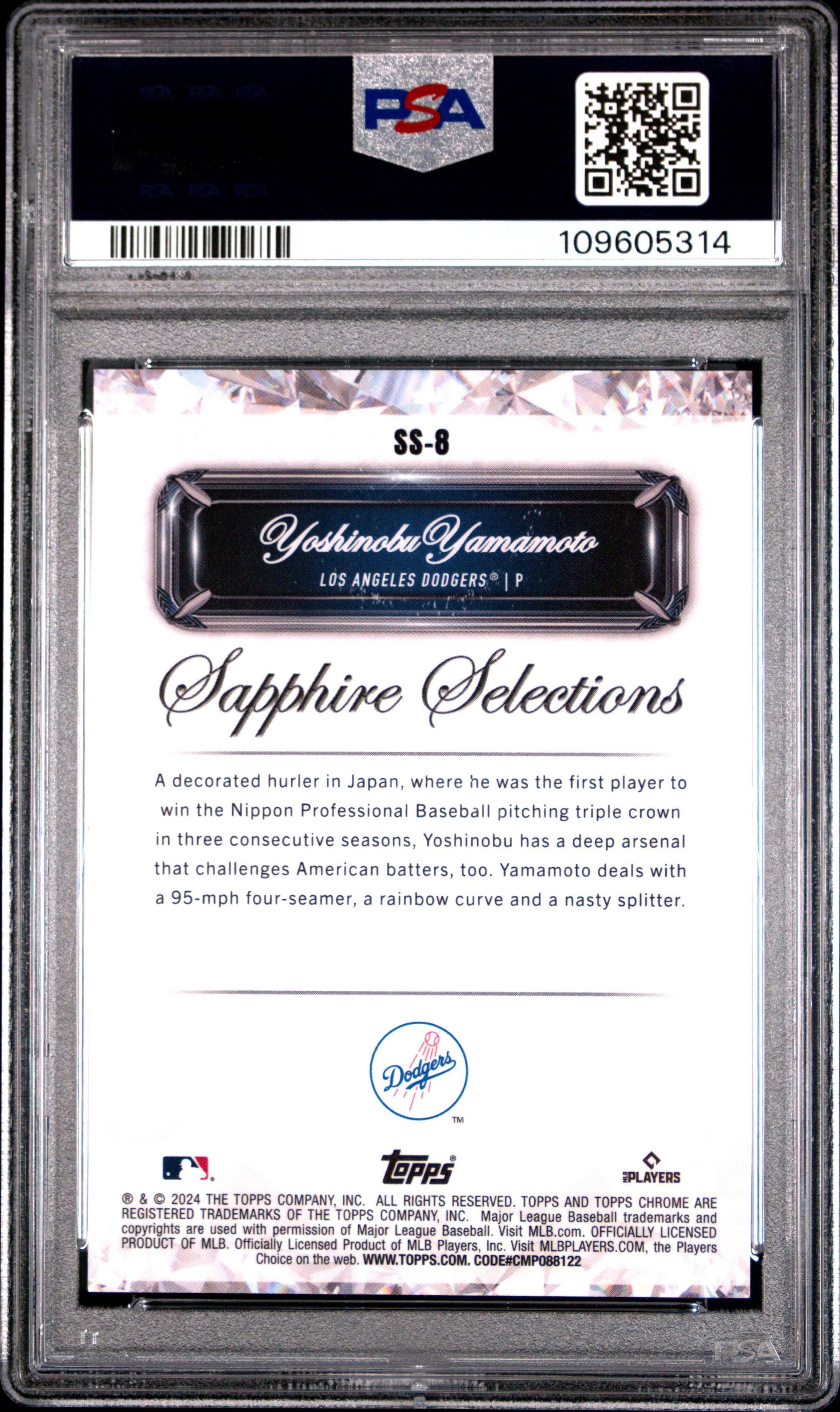 2024 Topps Chrome Sapphire Sapphire Selections Ss8 Yoshinobu Yamamoto Gold PSA 10