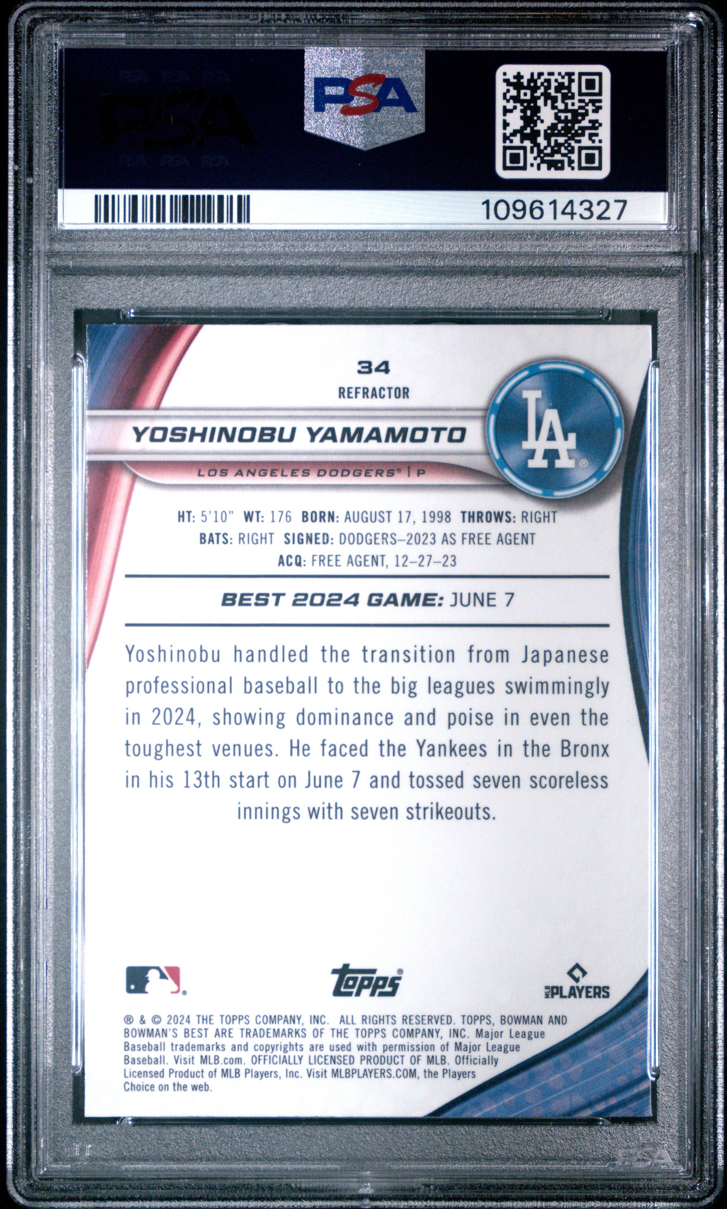 2024 Bowman's Best 34 Yoshinobu Yamamoto Refractor PSA 10