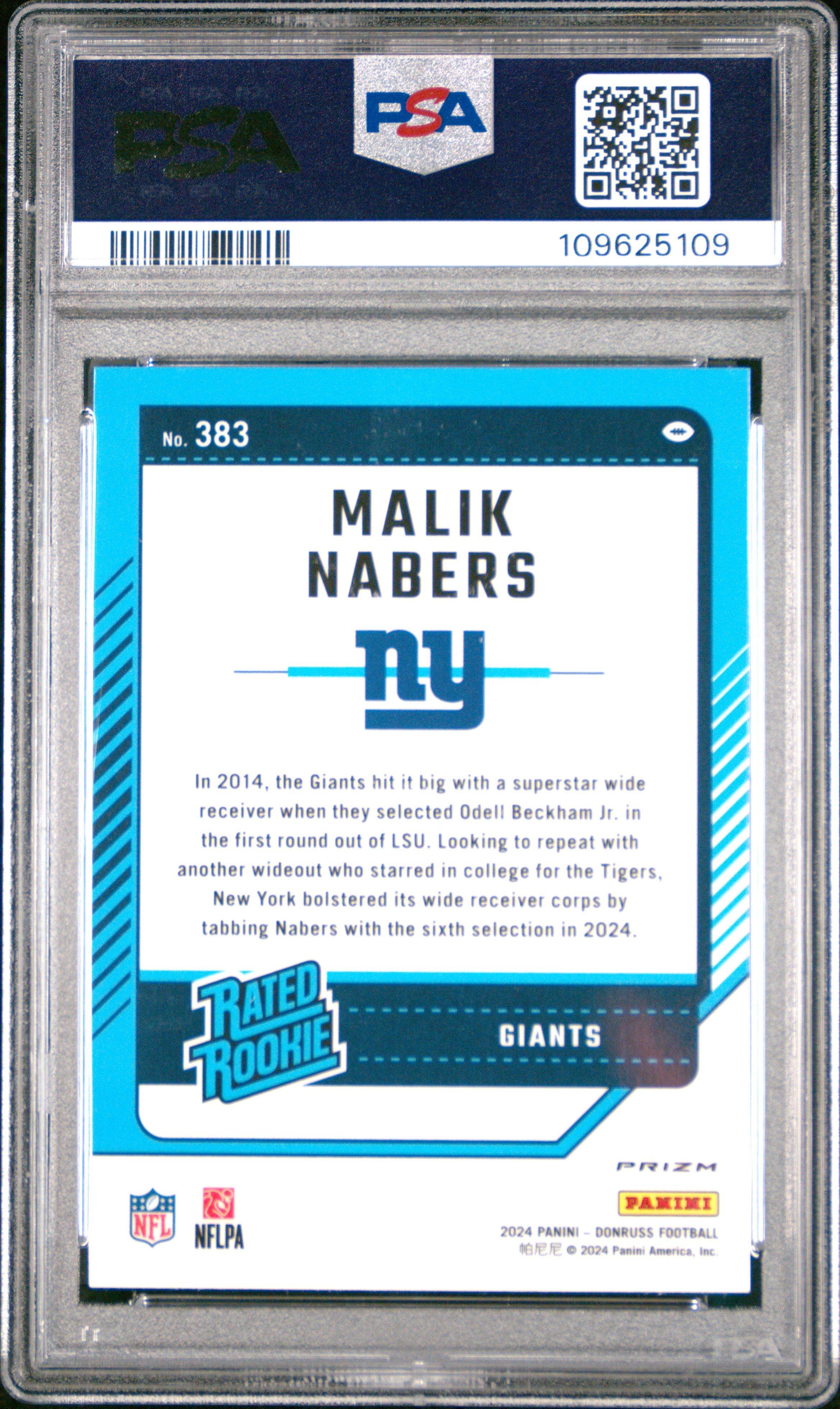 2024 Panini Donruss 383 Malik Nabers Optic Preview-red & Green PSA 10