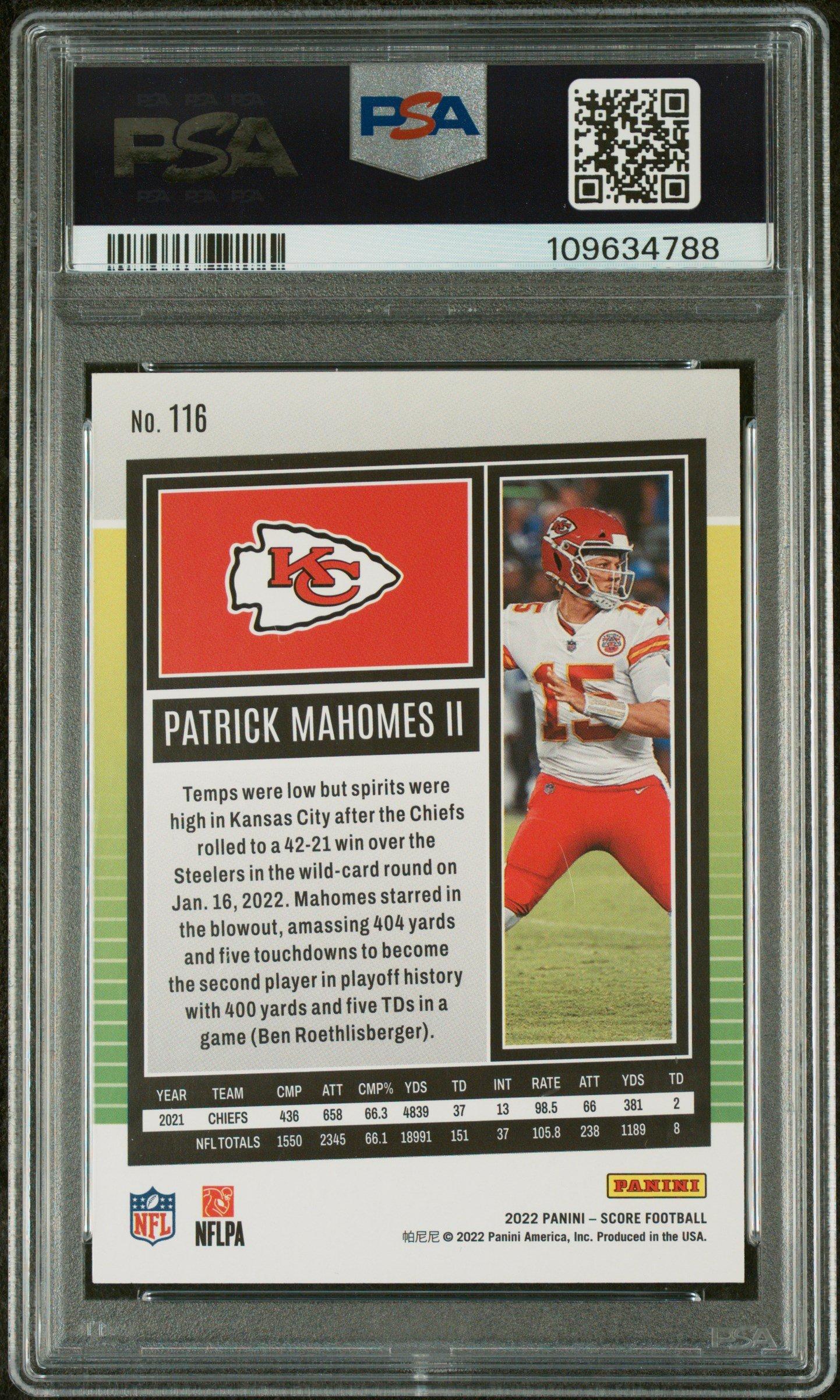 2022 Panini Score 116 Patrick Mahomes Ii Gold PSA 10