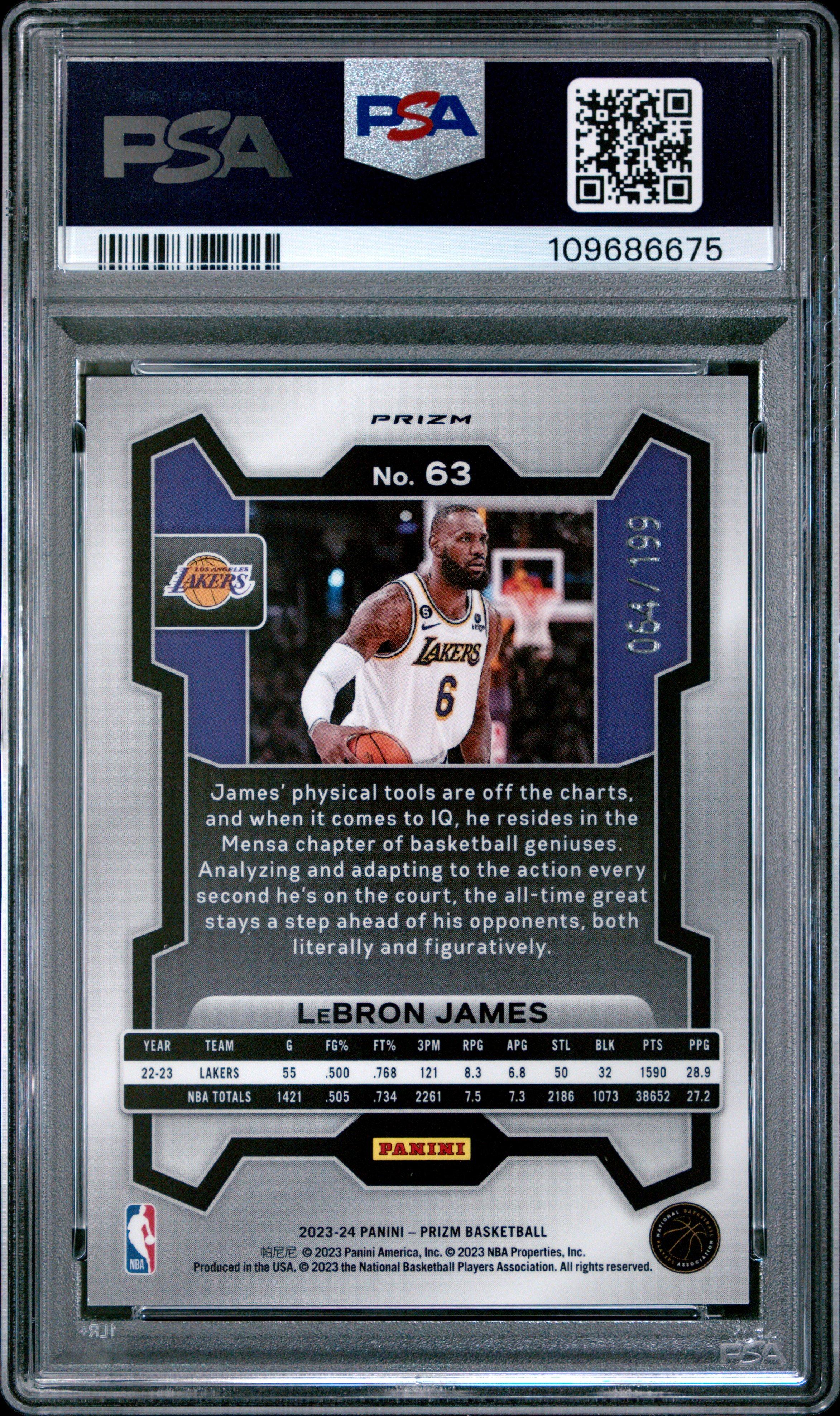 2023 Panini Prizm 63 Lebron James Blue Prizm PSA 10 Graded Card