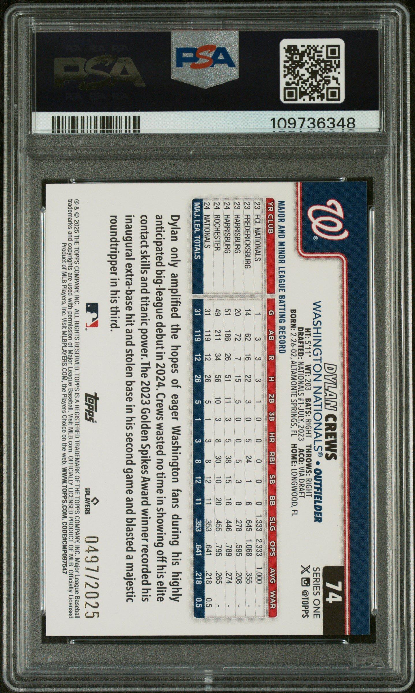 2025 Topps 74 Dylan Crews Gold PSA 10