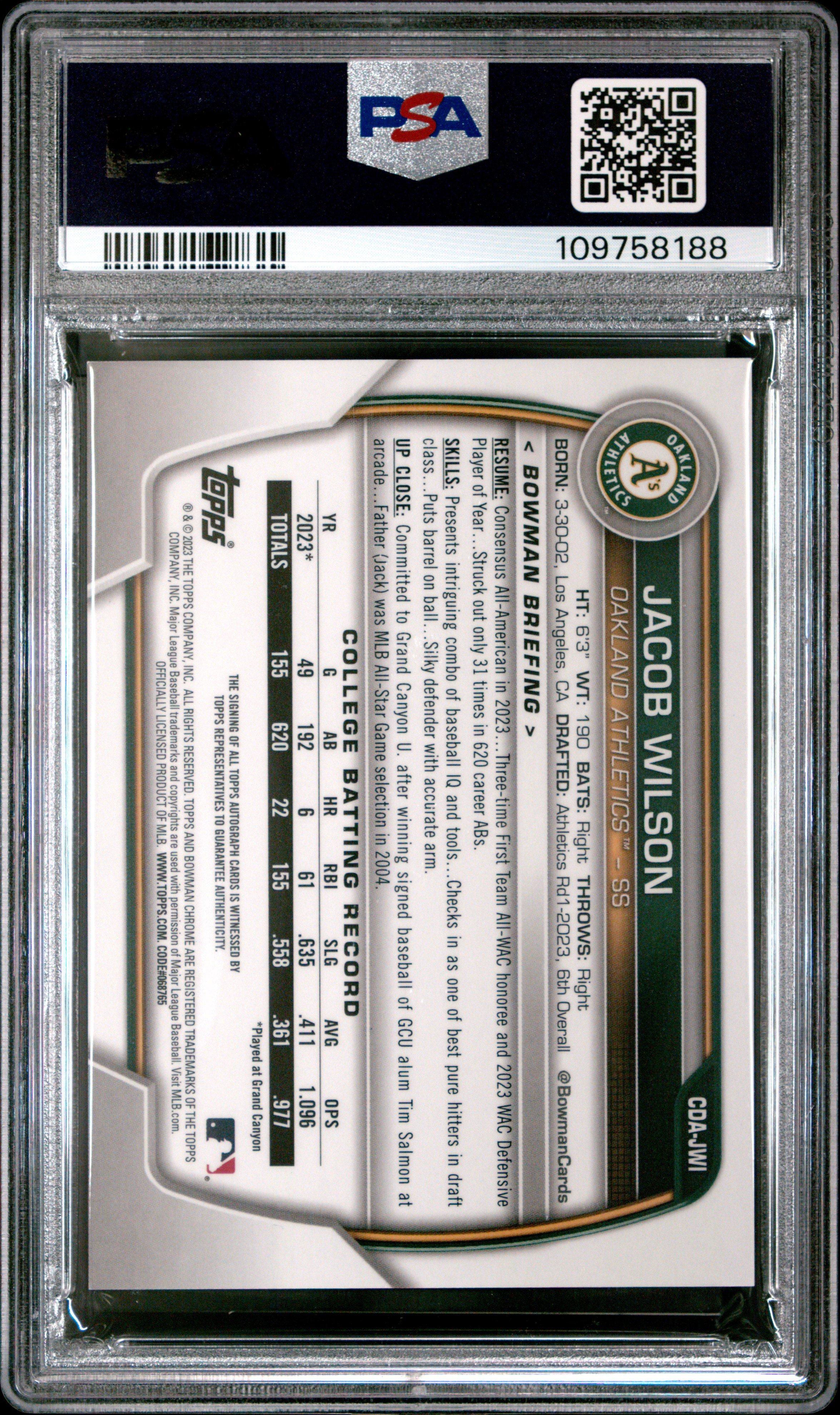 2023 Bowman Draft Chrome Prospect Autograph Cdajwi Jacob Wilson PSA