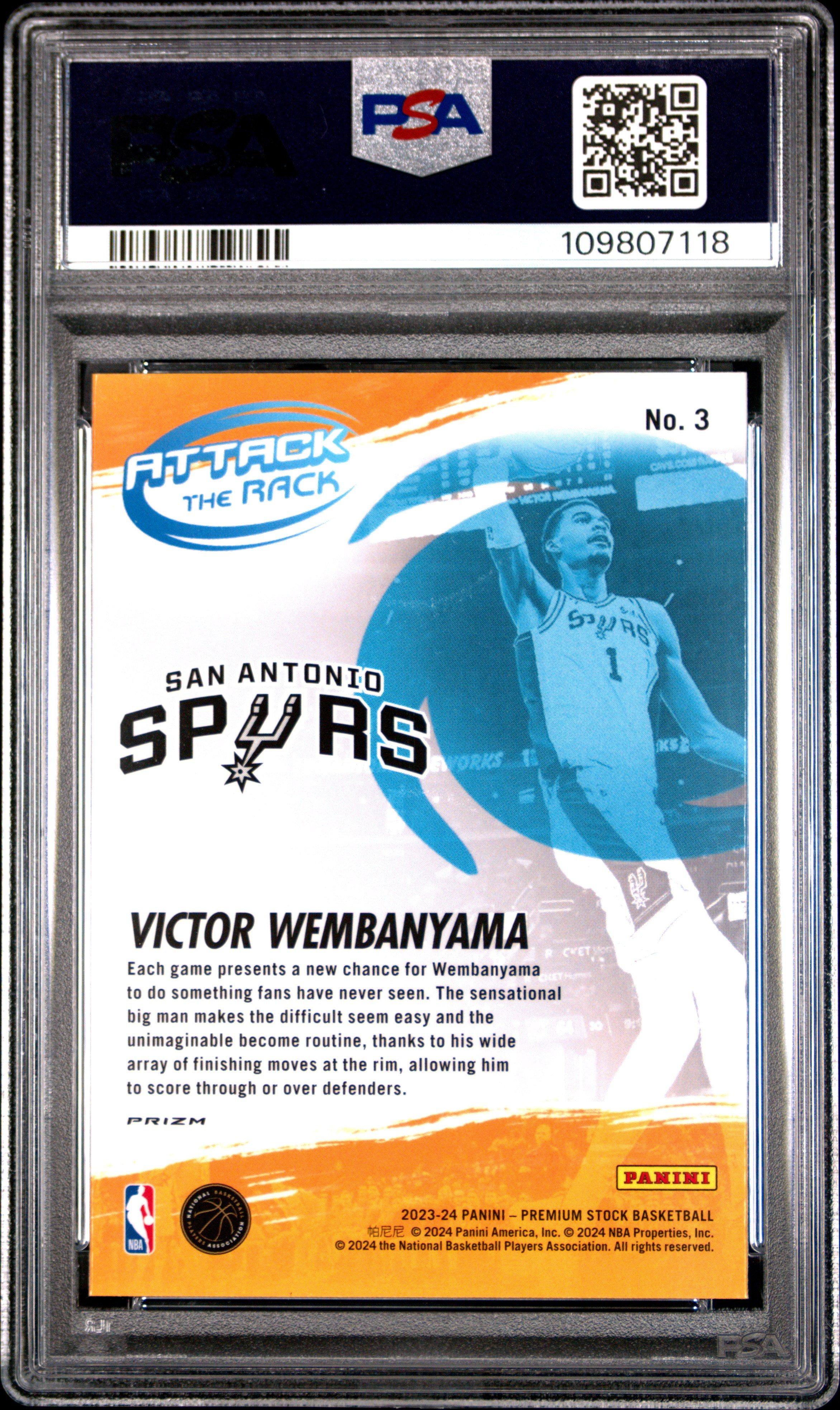2023 Panini Hoops Premium Stock Attack The Rack 3 Victor Wembanyama Holo PSA 10