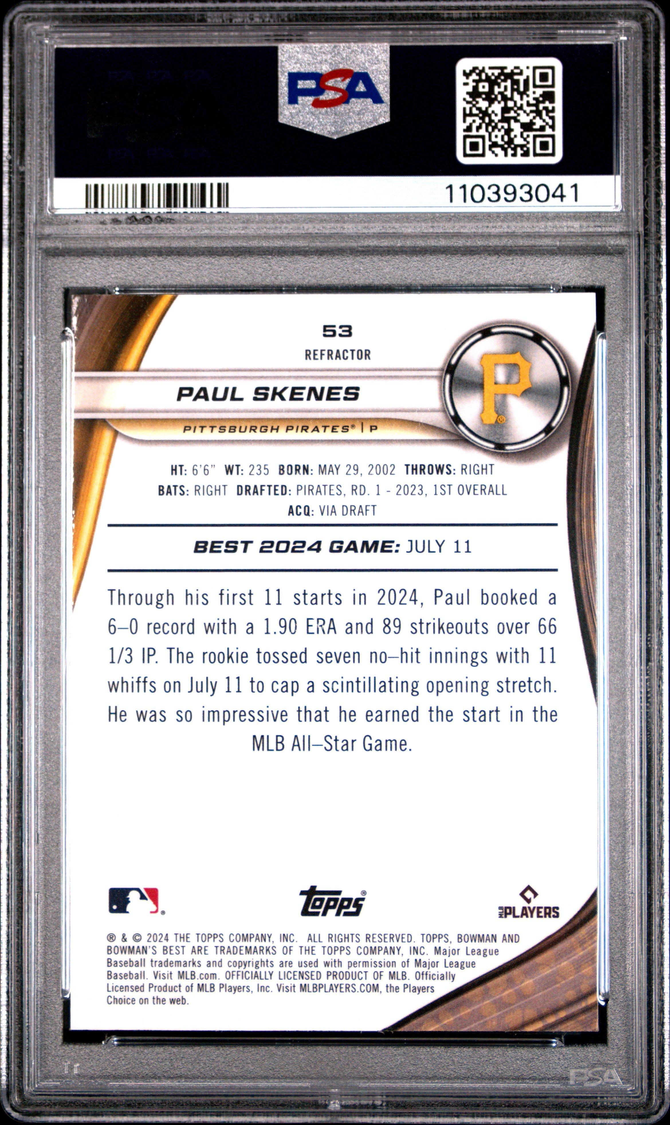 2024 Bowman's Best 53 Paul Skenes Refractor PSA 10