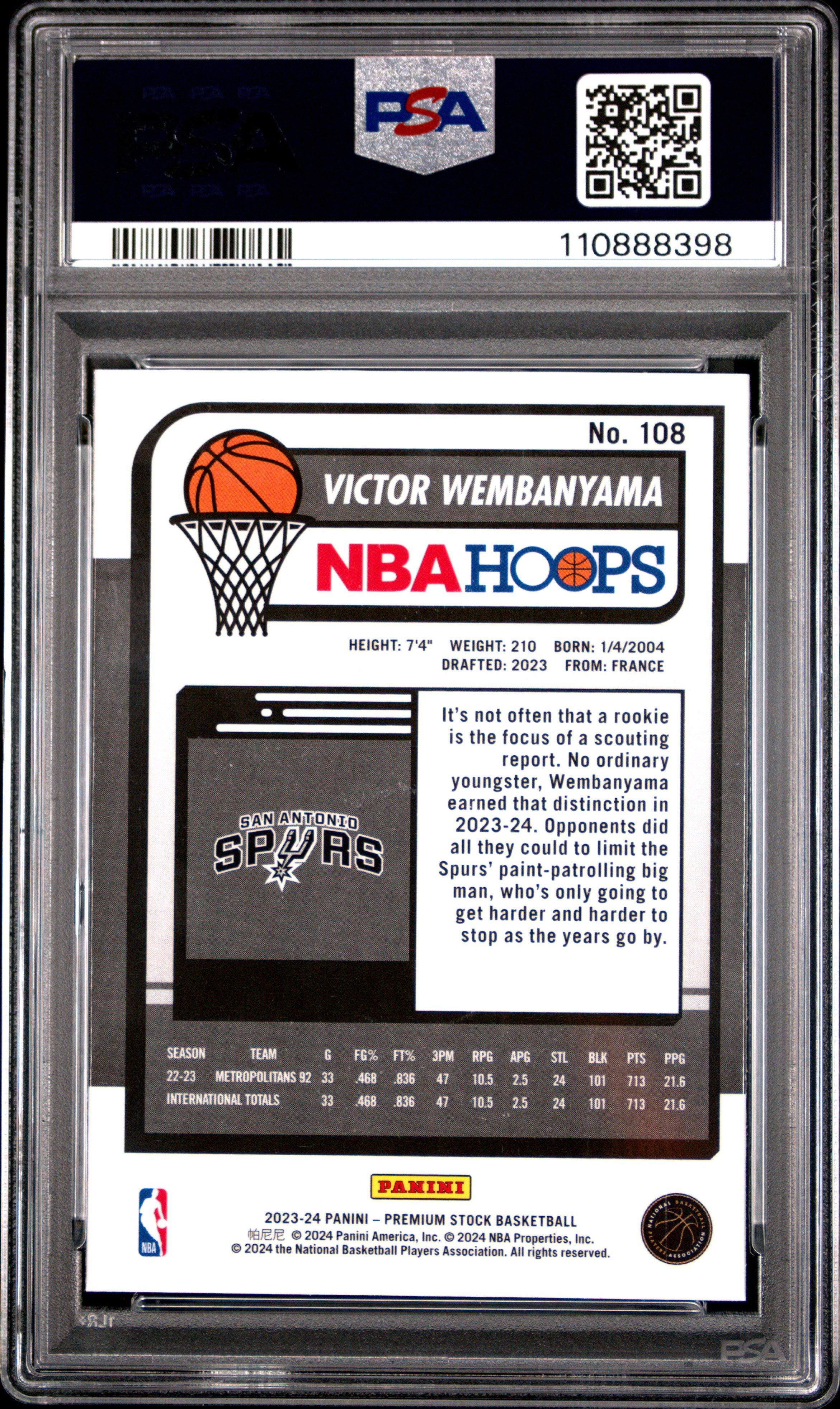 2023 Panini Hoops Premium Stock 108 Victor Wembanyama PSA 10