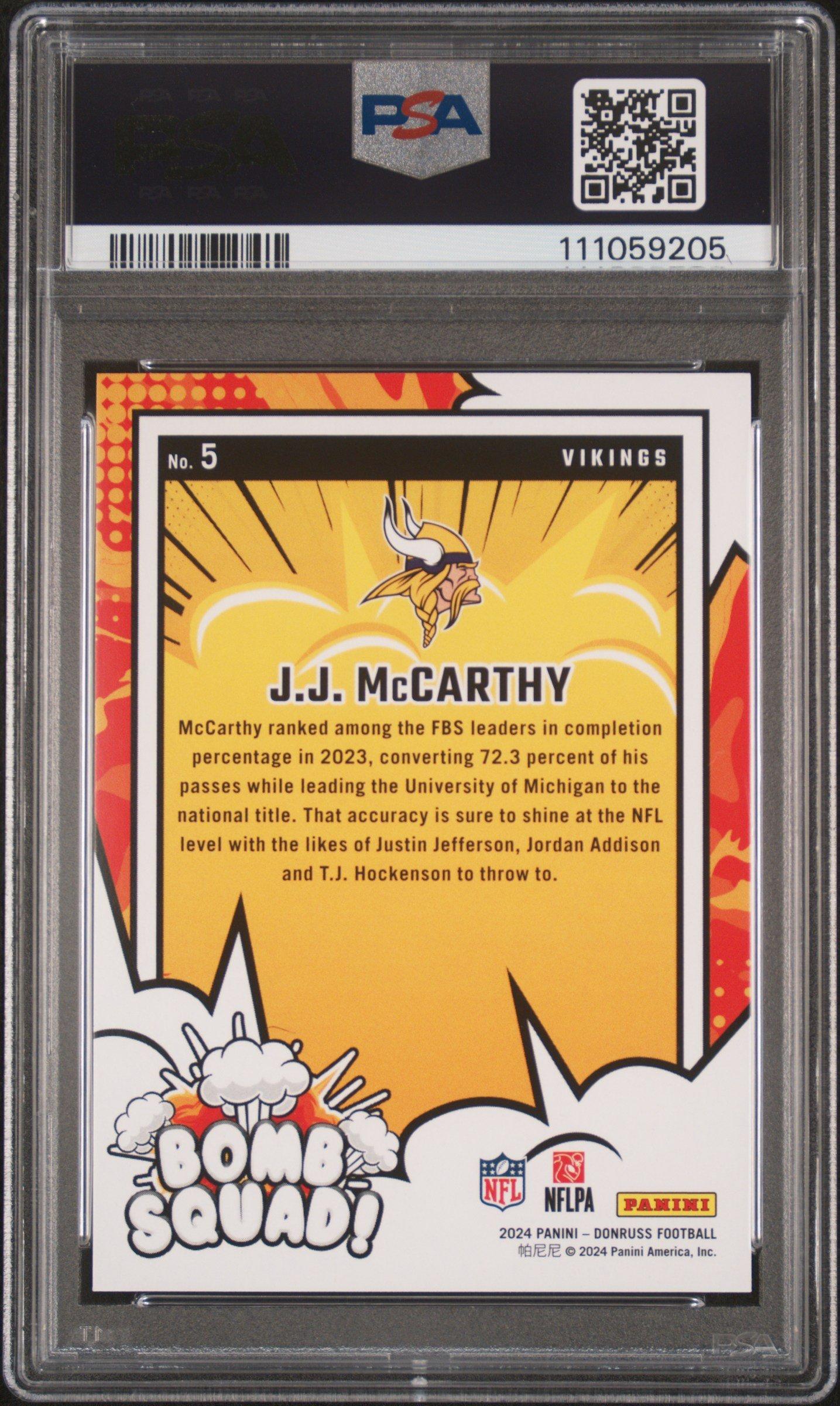 2024 Panini Donruss Bomb Squad 5 Jj Mccarthy PSA 10