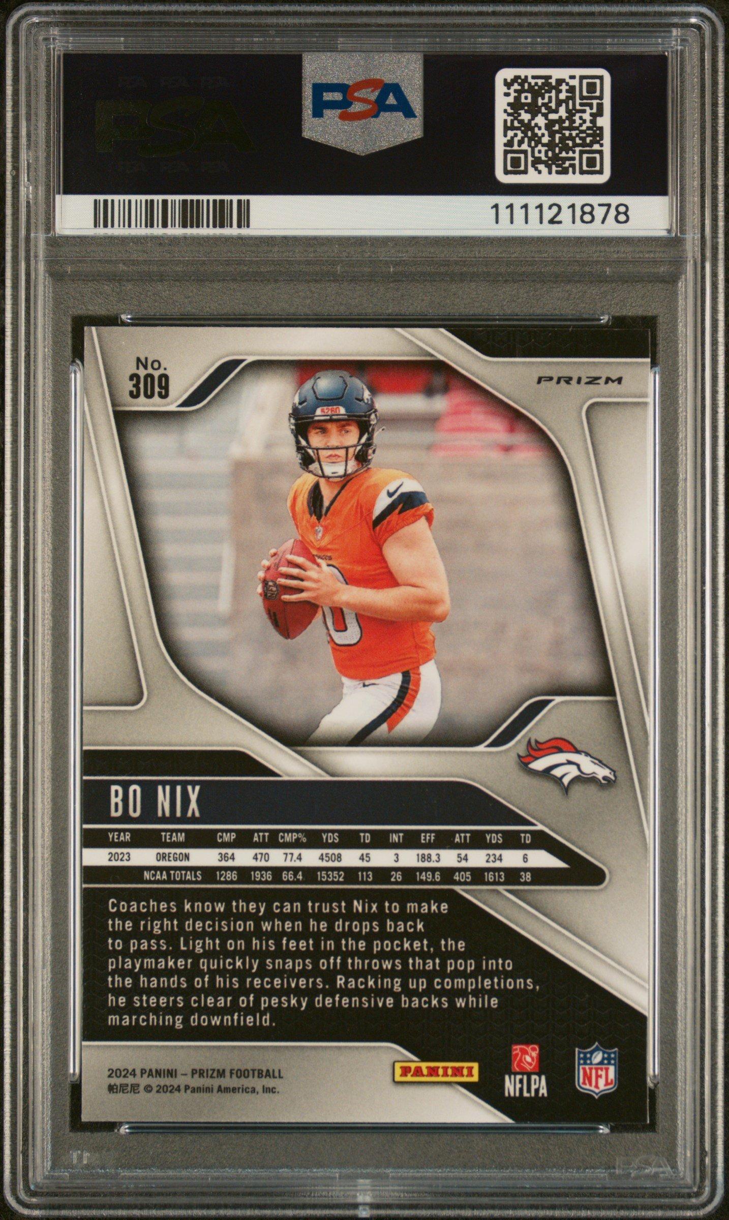 2024 Panini Prizm 309 Bo Nix Neon Green Pulsar PSA 10 Graded Card
