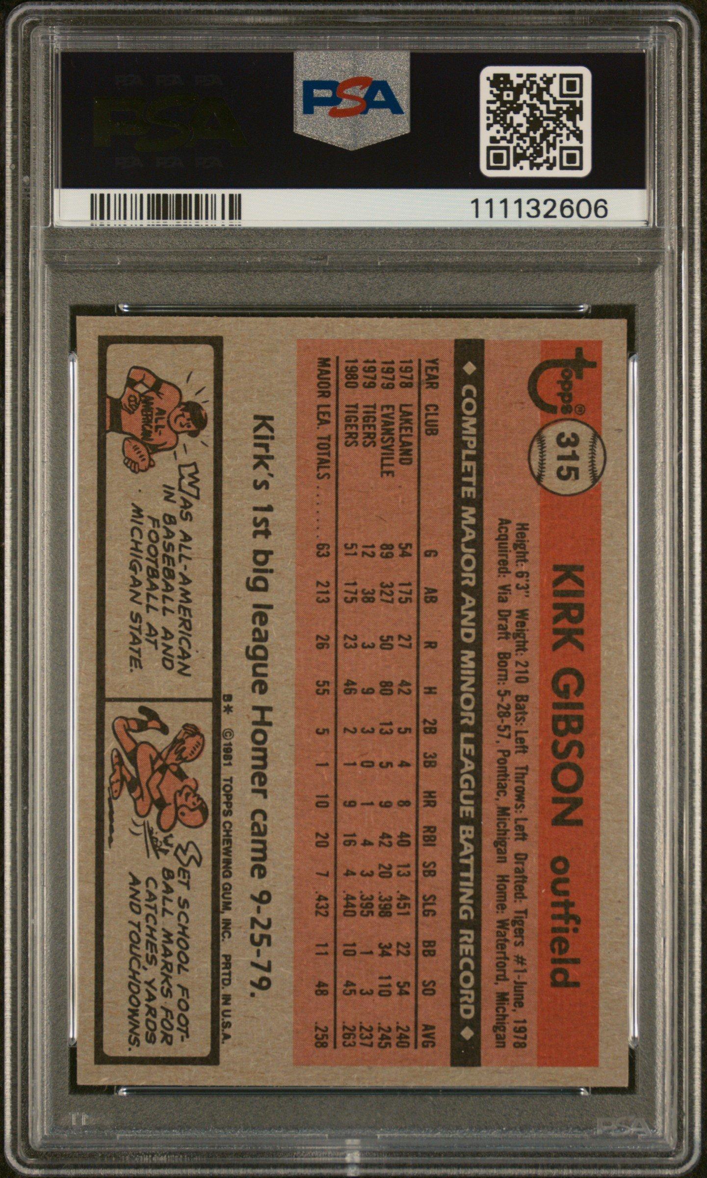 1981 Topps 315 Kirk Gibson PSA 8