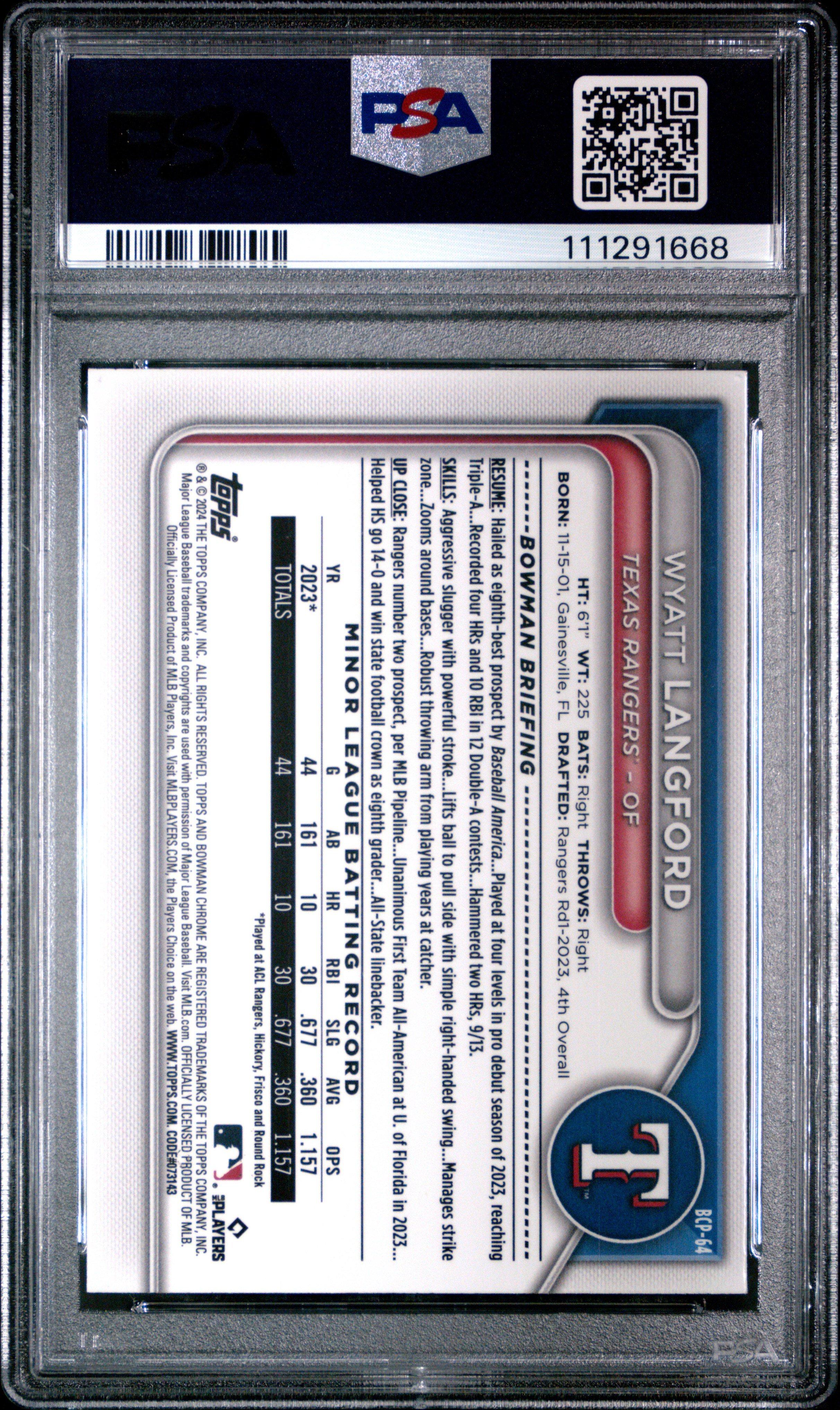 2024 Bowman Chrome Prospects Bcp64 Wyatt Langford Green Shimmer PSA 10
