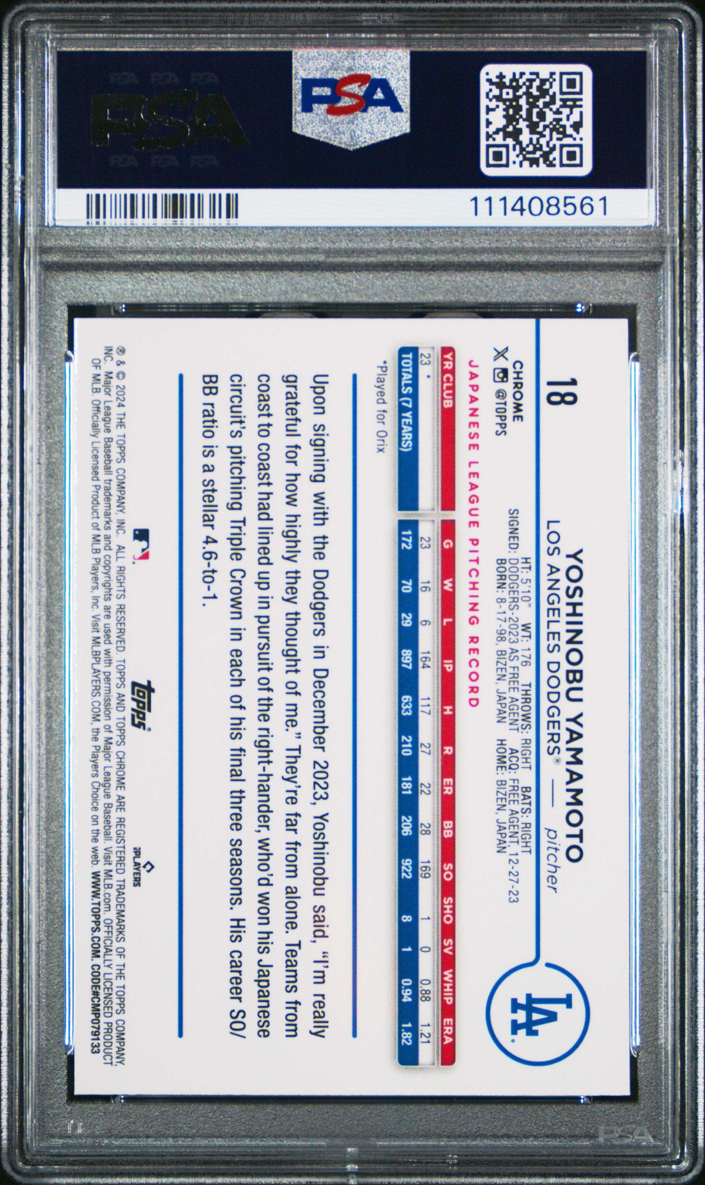 2024 Topps Chrome Logofractor Edition 18 Yoshinobu Yamamoto Aqua Refractor PSA 9