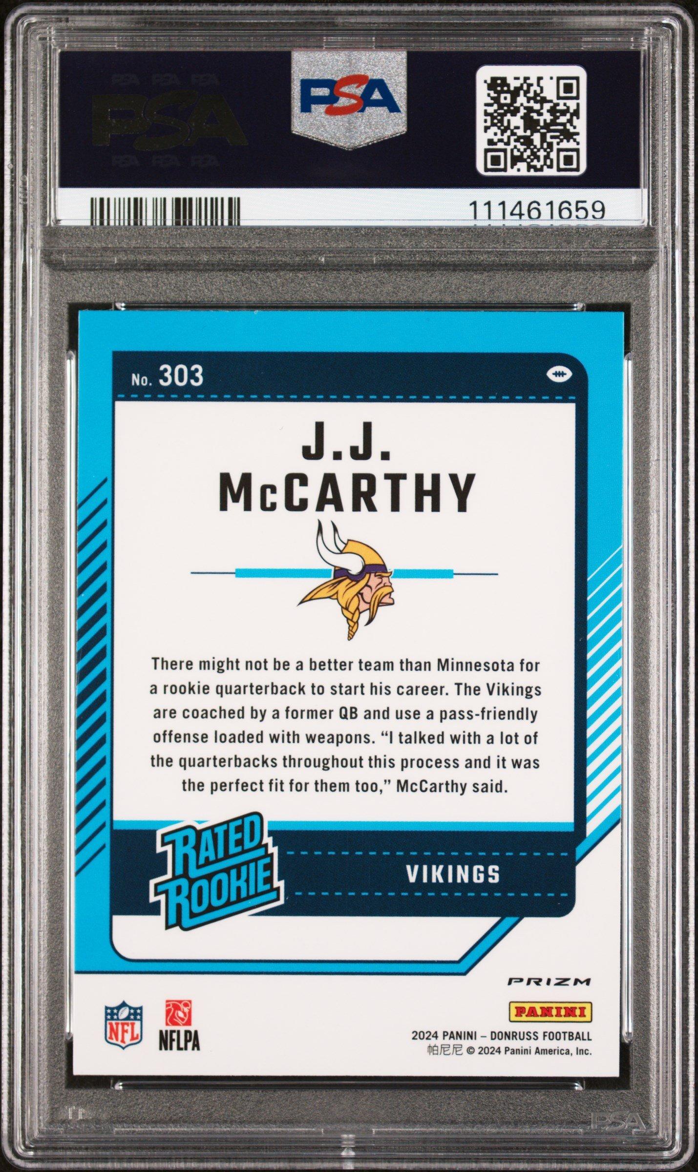 2024 Panini Donruss 303 Jj Mccarthy Optic Preview-red Wave PSA 9