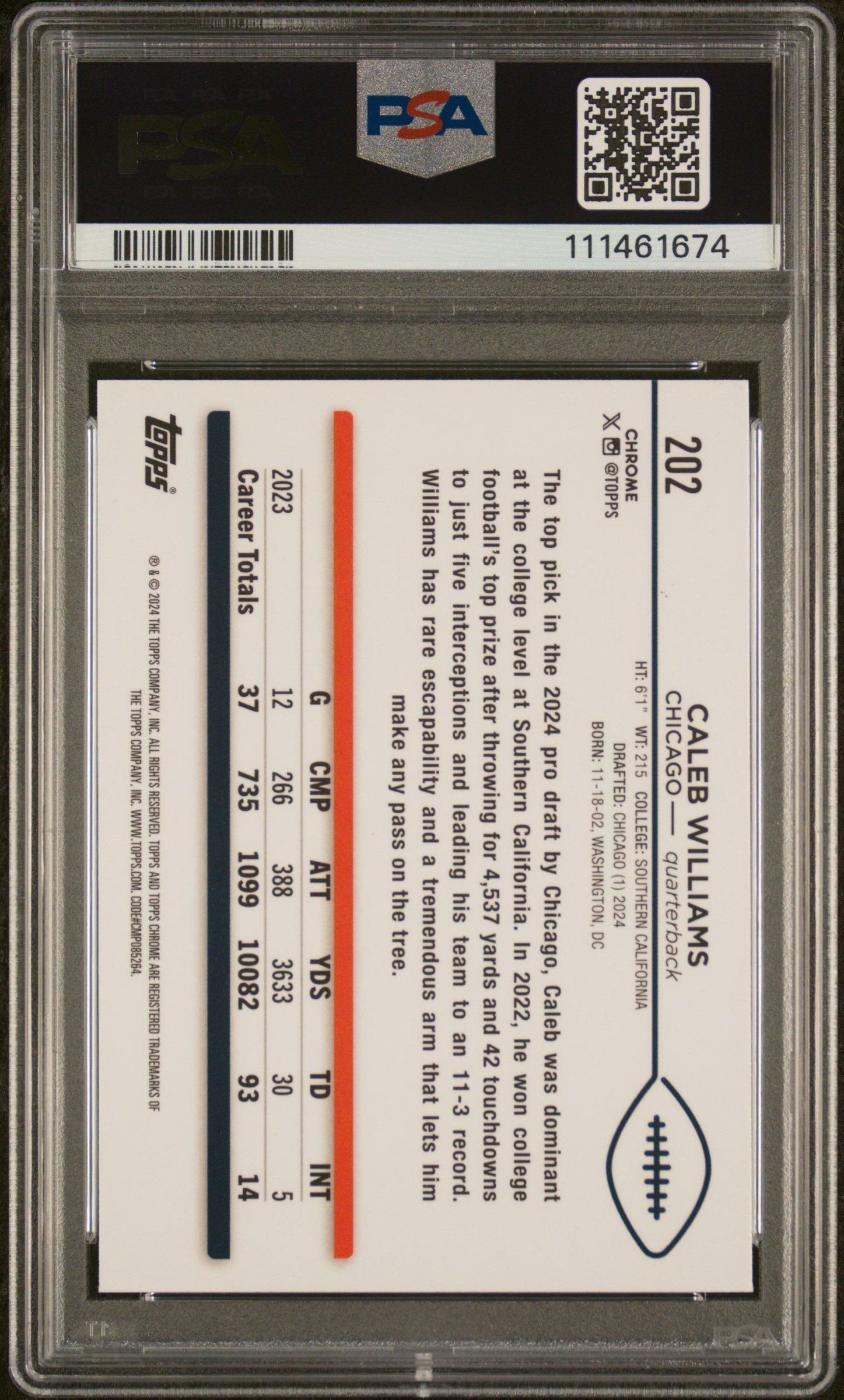 2024 Topps Chrome 202 Caleb Williams PSA 10
