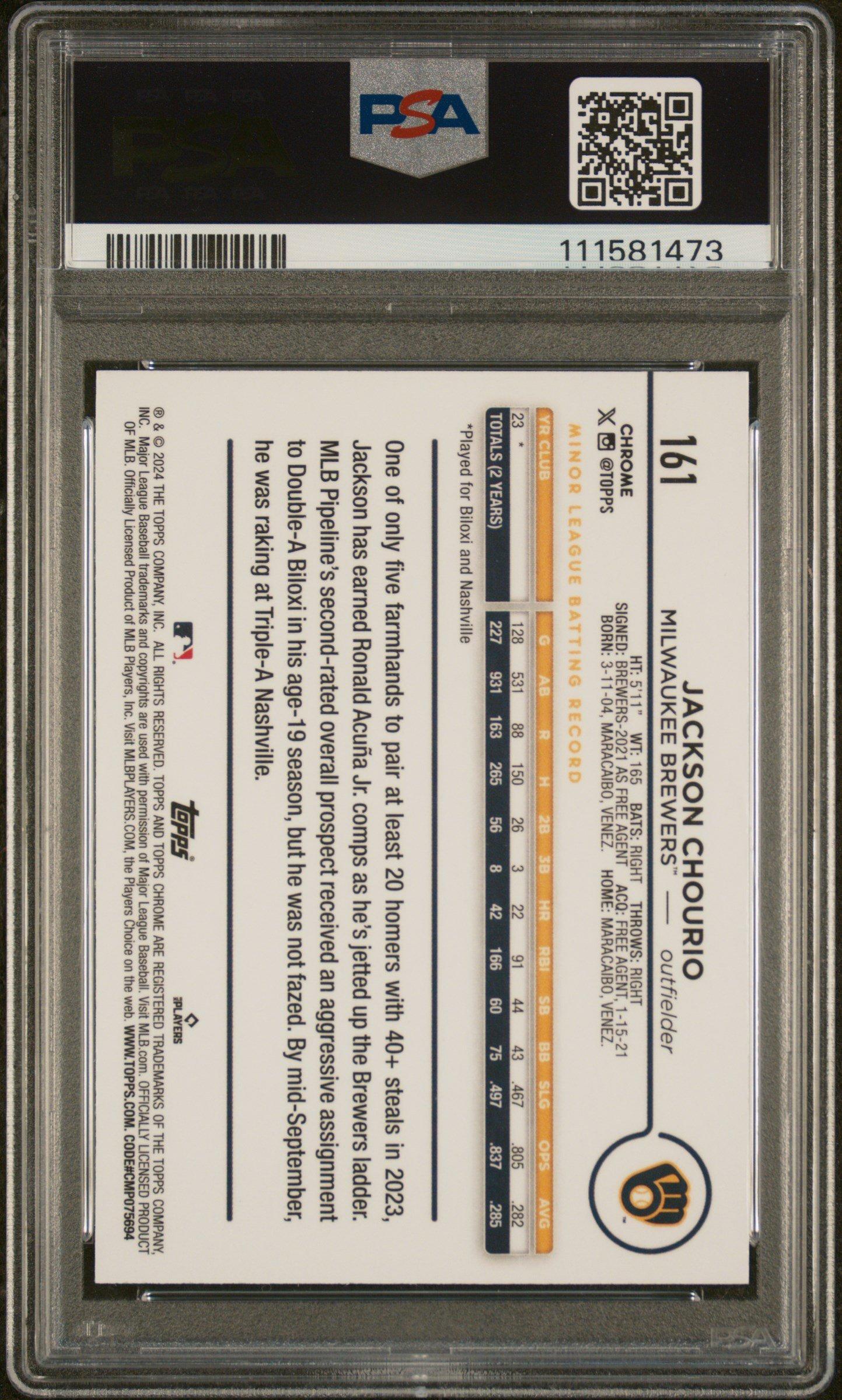 2024 Topps Chrome 161 Jackson Chourio Prism Refractor PSA 10