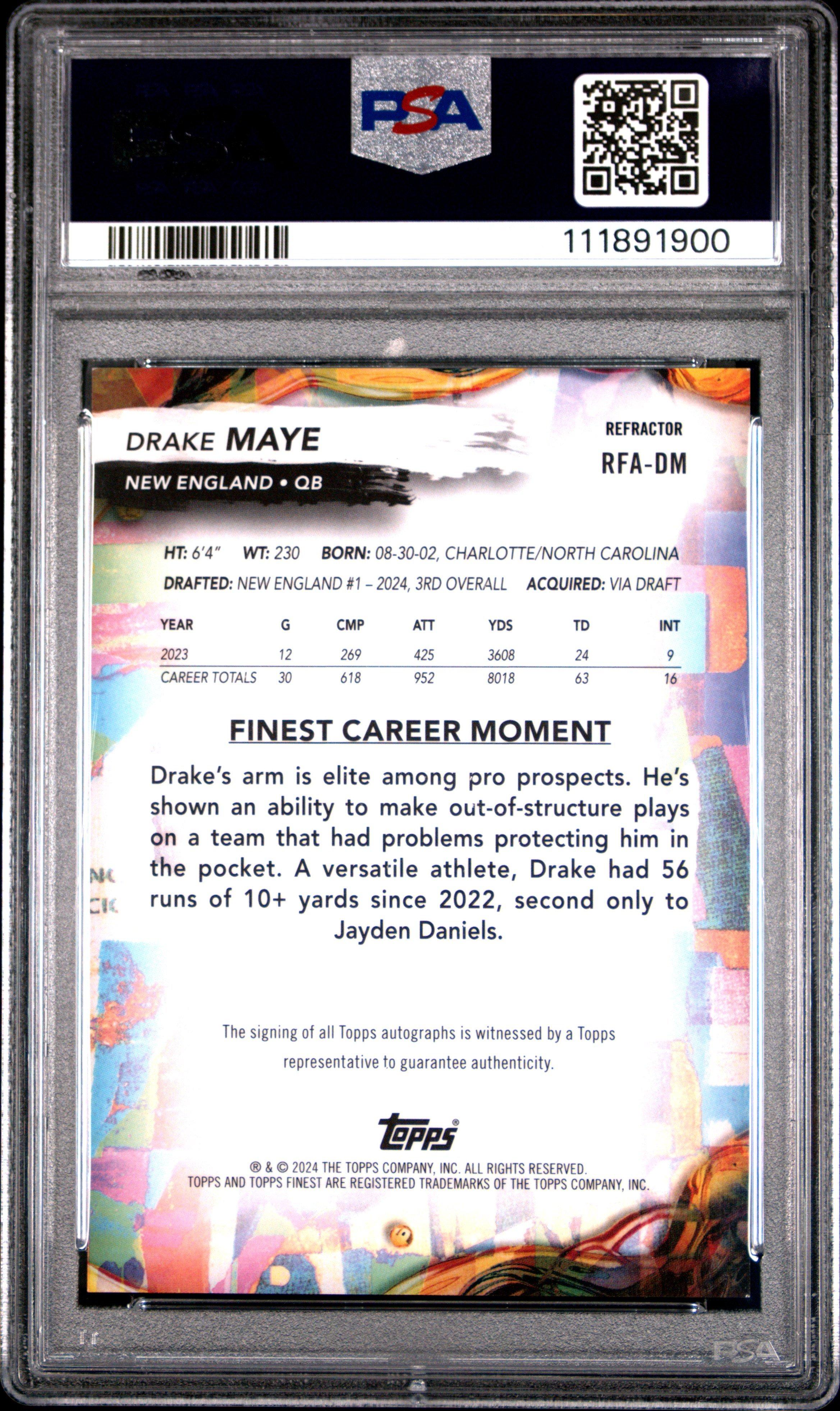 2024 Topps Finest Rookie Finest Autographs Rfadm Drake Maye Refractor PSA 9