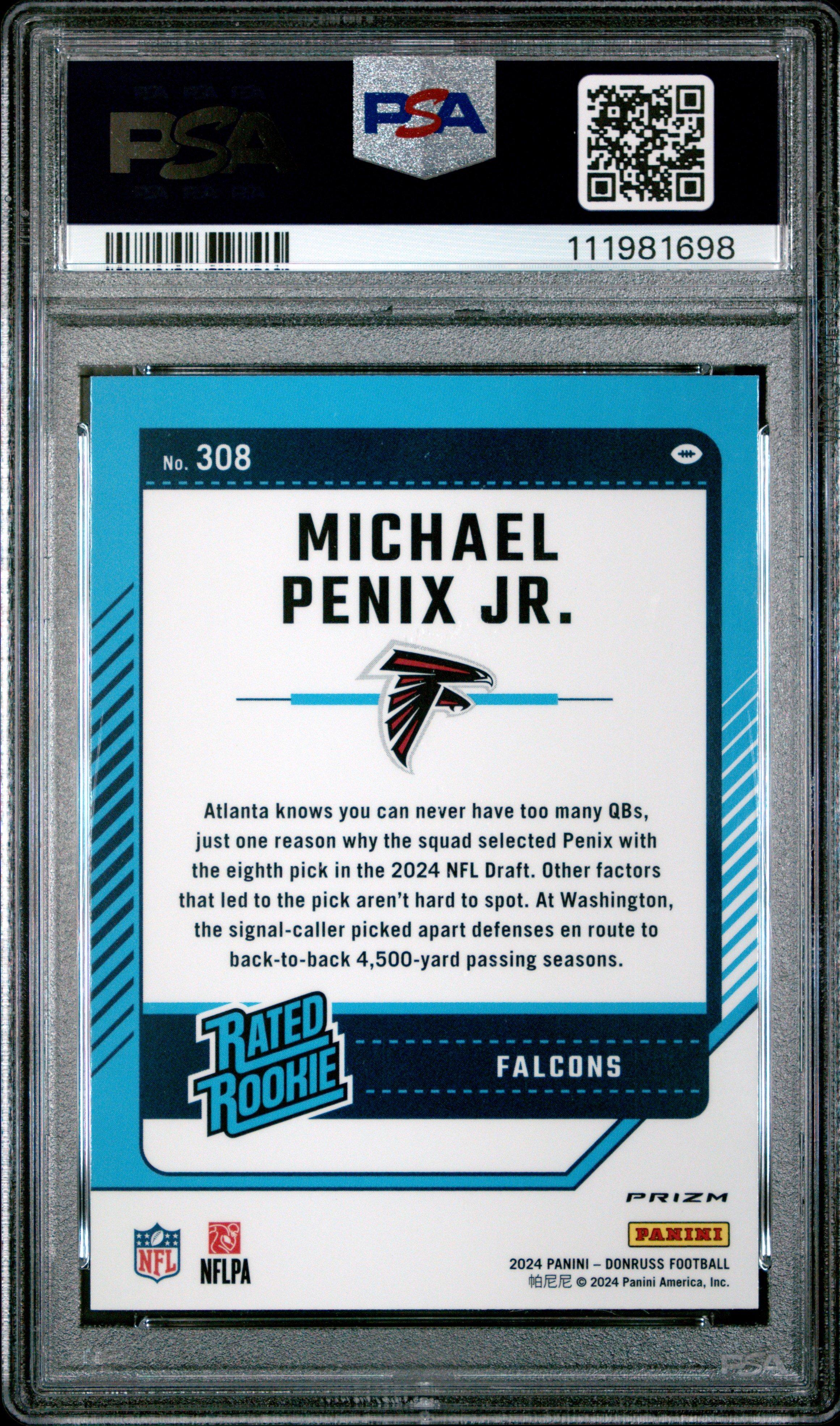 2024 Panini Donruss 308 Michael Penix Jr. Optic Preview-pink PSA 9