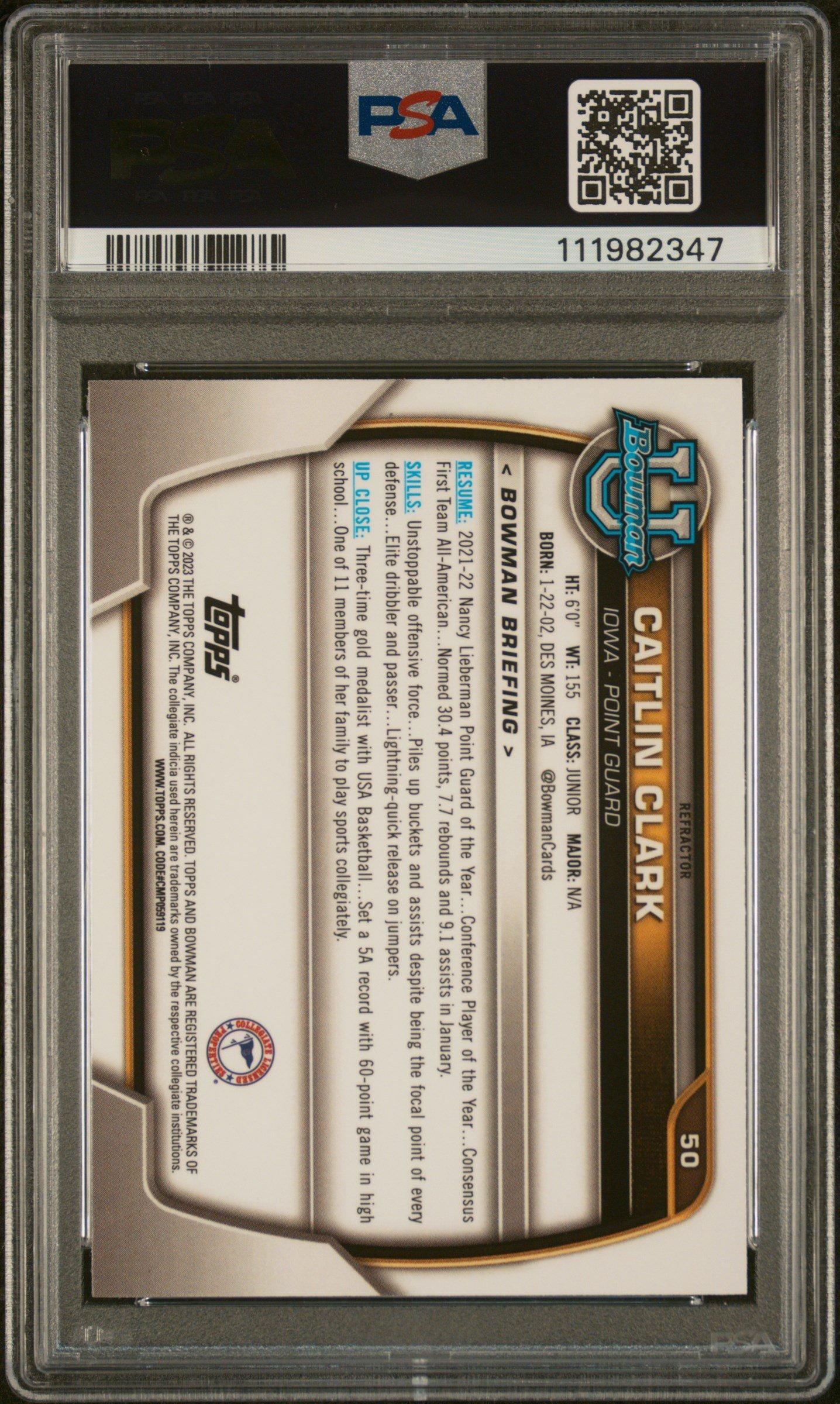 2022 Bowman Chrome University 50 Caitlin Clark Refractor PSA