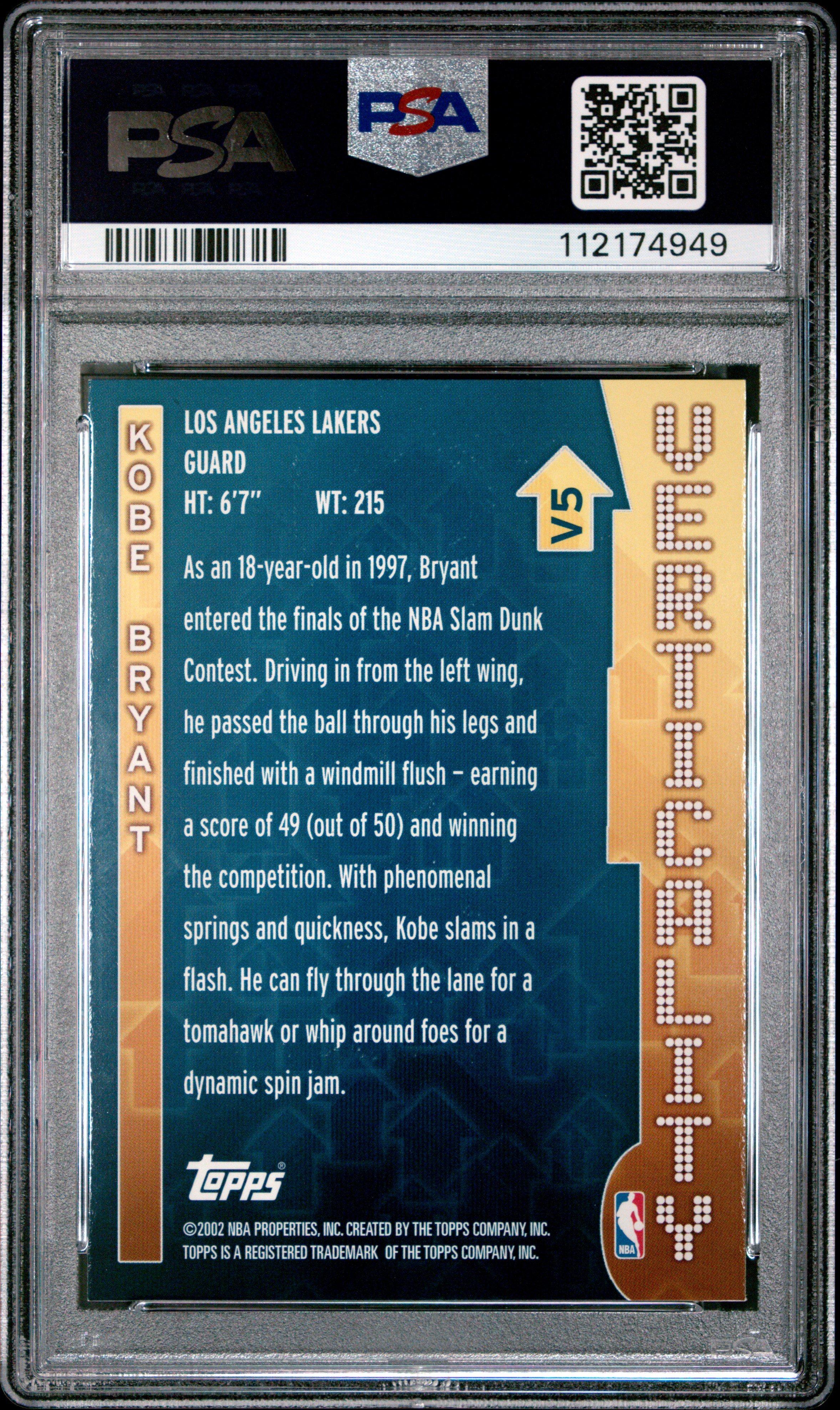 2002 Topps Verticality V5 Kobe Bryant PSA 8