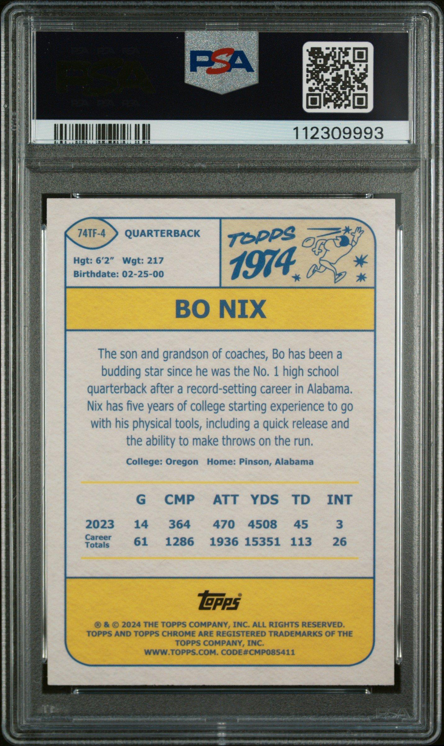2024 Topps Chrome 1974 Topps Football 74tf4 Bo Nix Lazer Refractor PSA 10