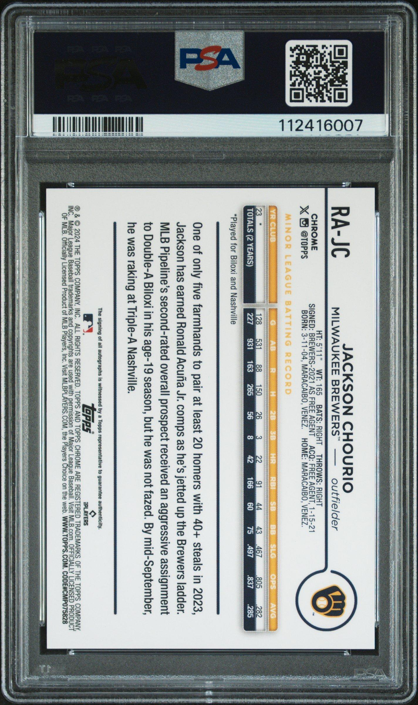 2024 Topps Chrome Rookie Autographs Rajc Jackson Chourio PSA 10