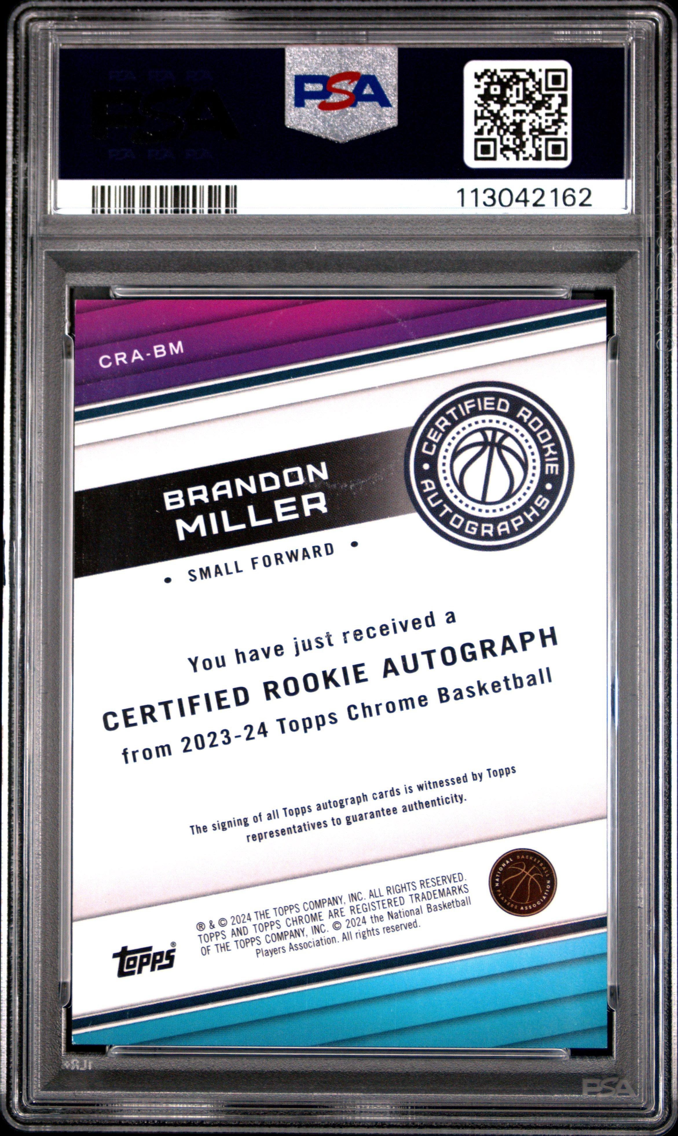 2023 Topps Chrome Certified Rookie Autographs Crabm Brandon Miller PSA 9