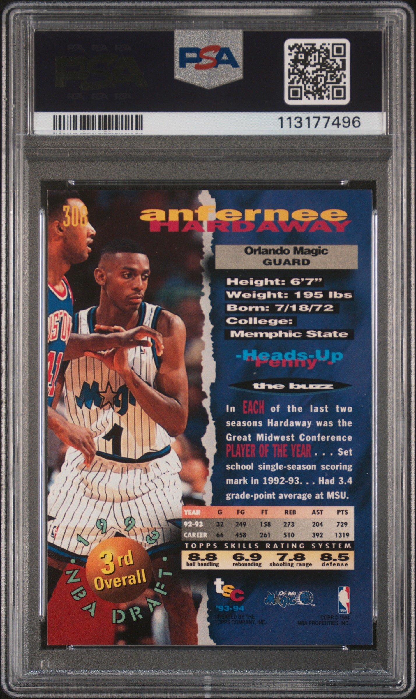 1993 Stadium Club 1st Day Issue 308 Anfernee Hardaway PSA 8