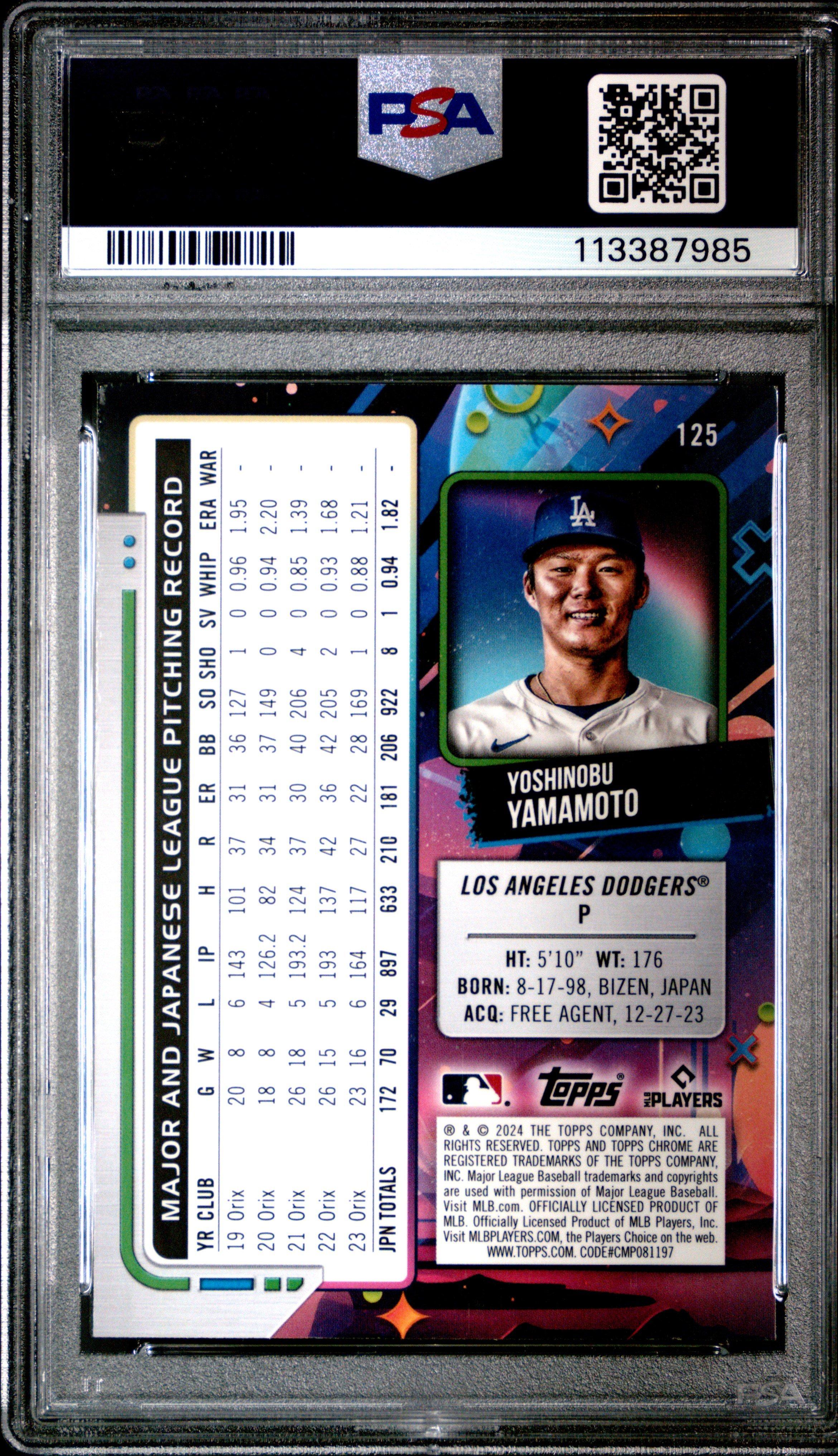 2024 Topps Chrome Cosmic 125 Yoshinobu Yamamoto Aqua Equinox Refractor PSA 10