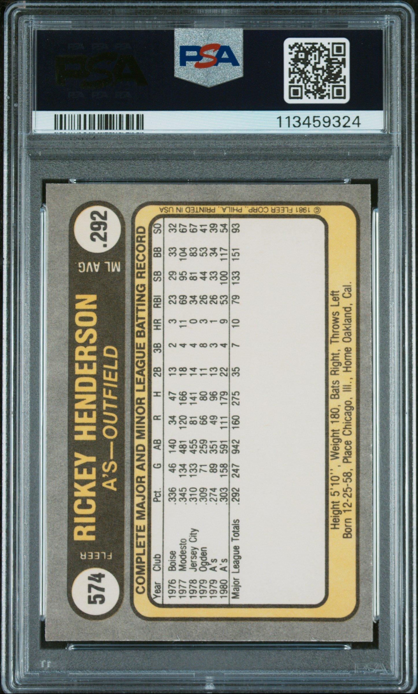 1981 Fleer 574 Rickey Henderson PSA 10