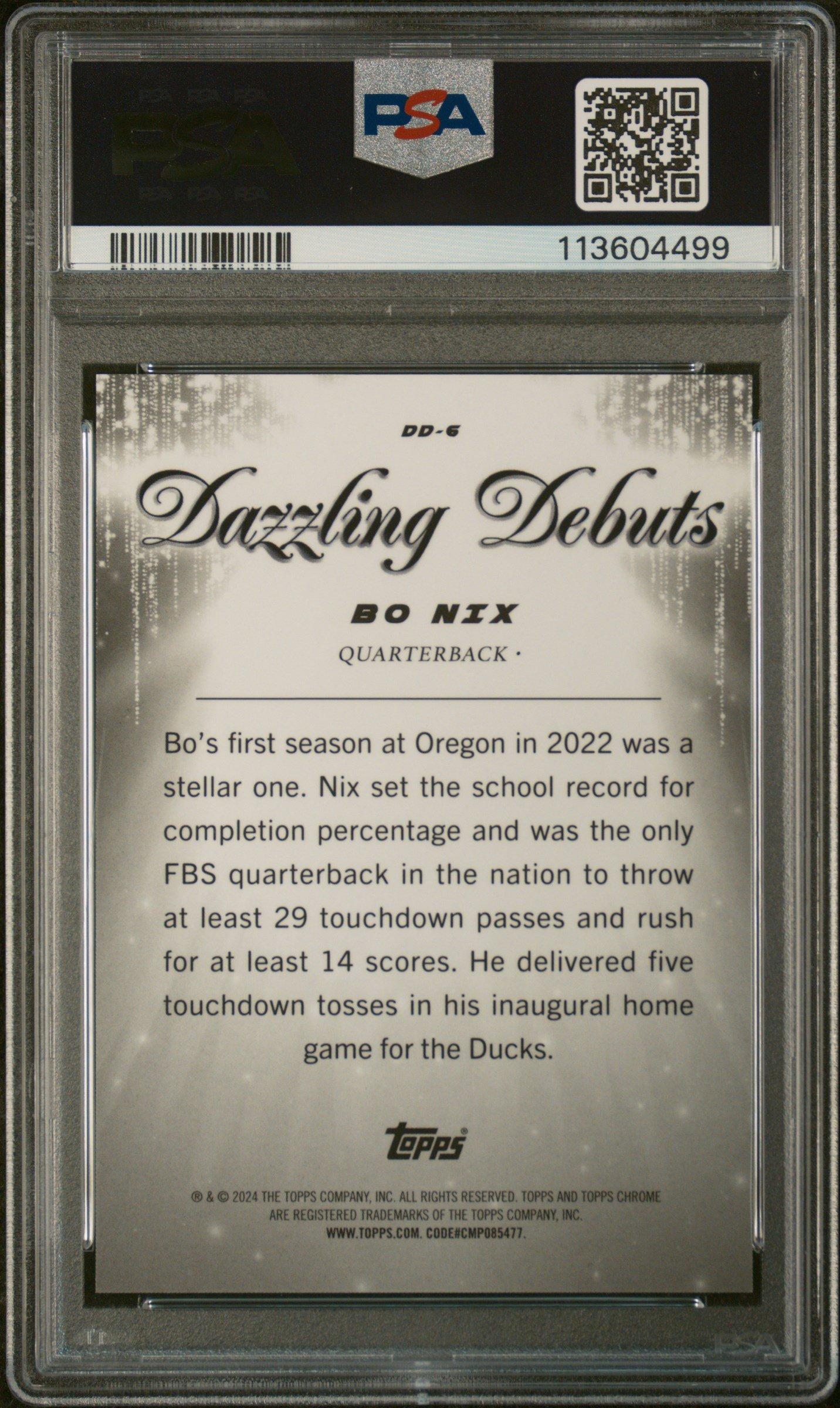 2024 Topps Chrome Dazzling Debuts Dd6 Bo Nix PSA 10