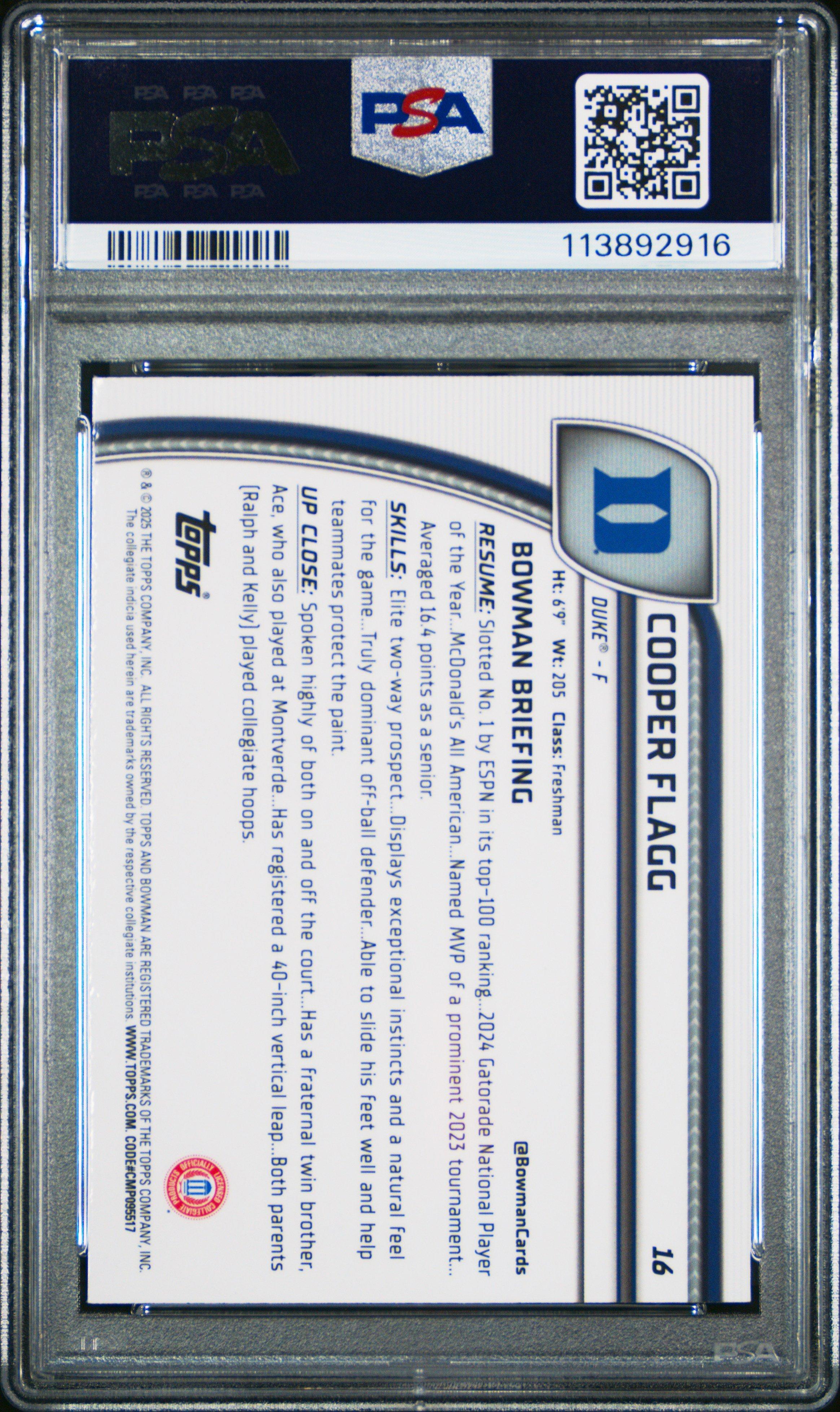 2024 Bowman Chrome University 16 Cooper Flagg Green Shimmer PSA