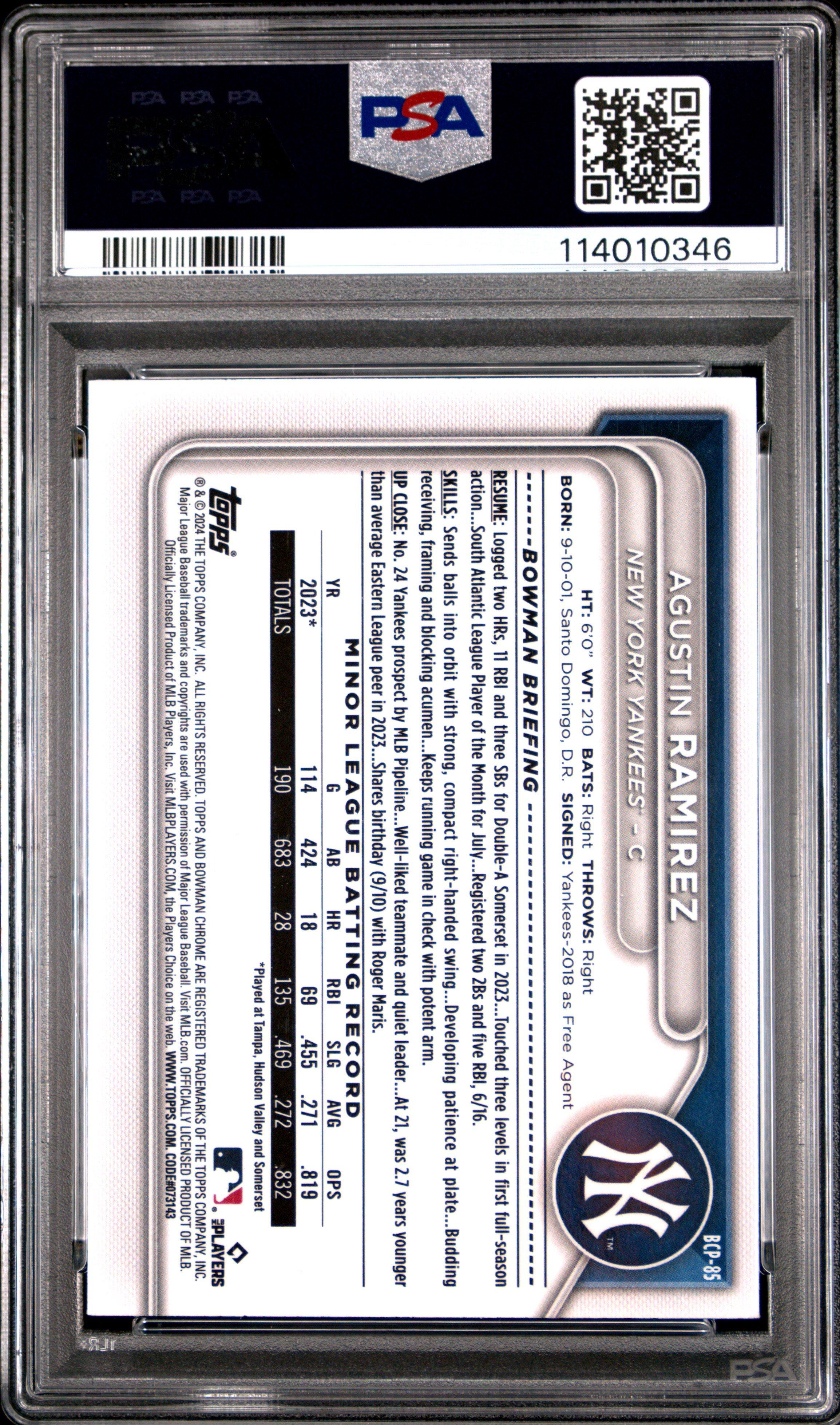 2024 Bowman Chrome Prospects Bcp85 Agustin Ramirez Yellow Refractor PSA 10