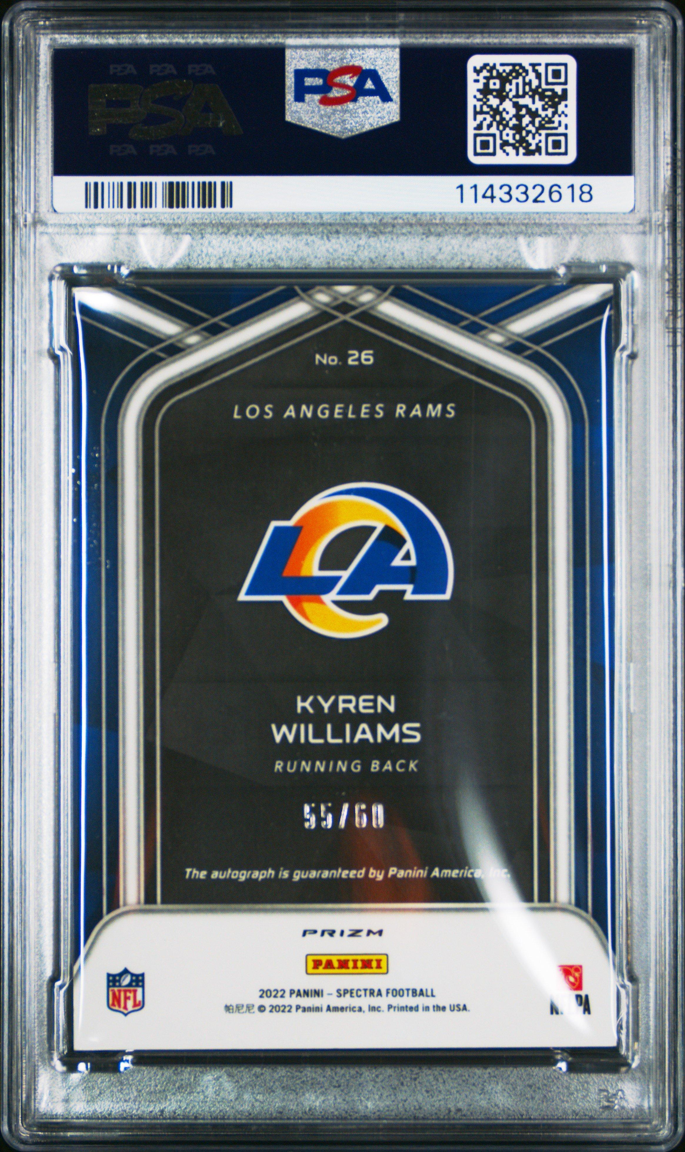 2022 Panini Spectra Rookie Autographs 26 Kyren Williams Hyper PSA 9