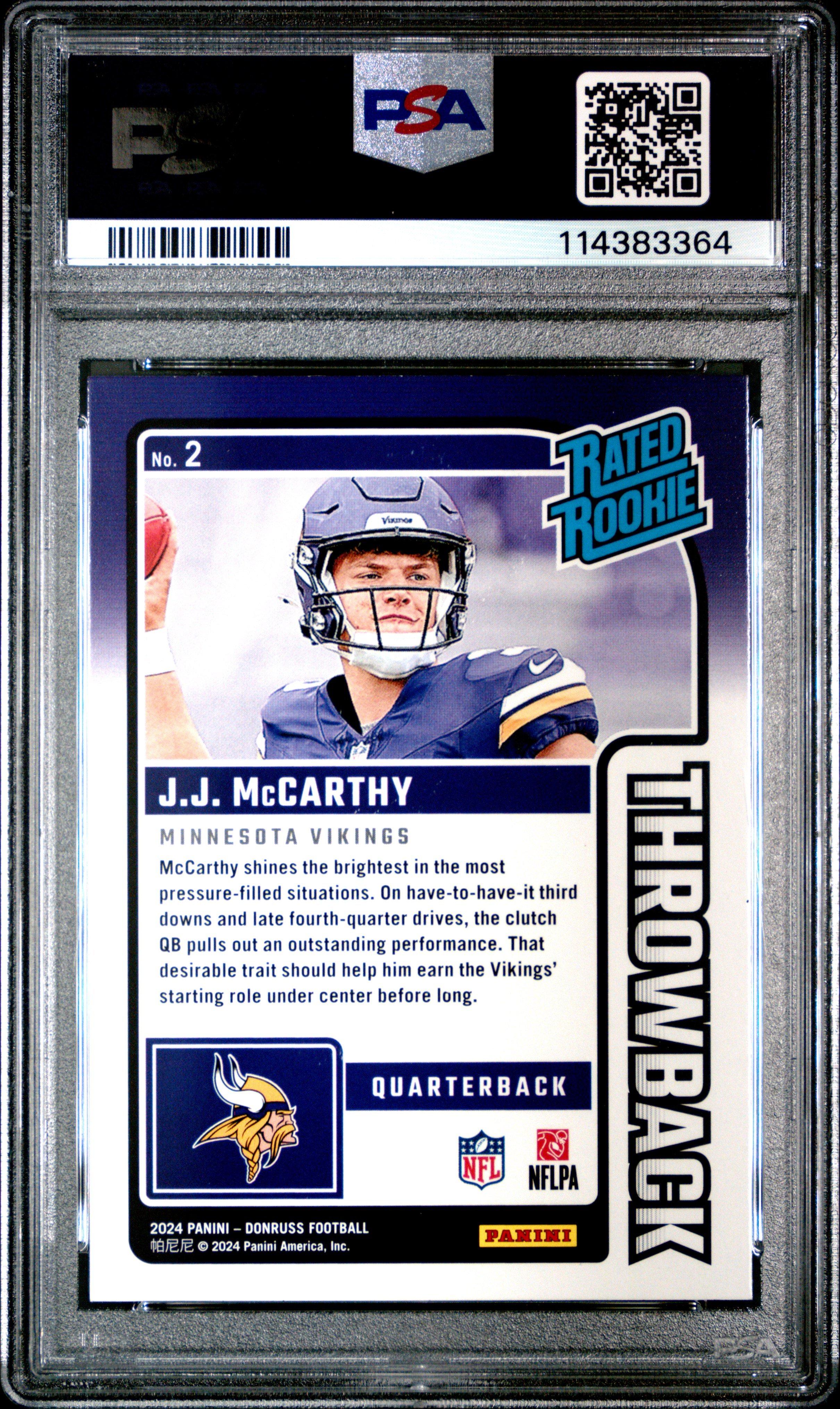 2024 Panini Donruss Rated Rookies Throwback 2 Jj Mccarthy PSA 9