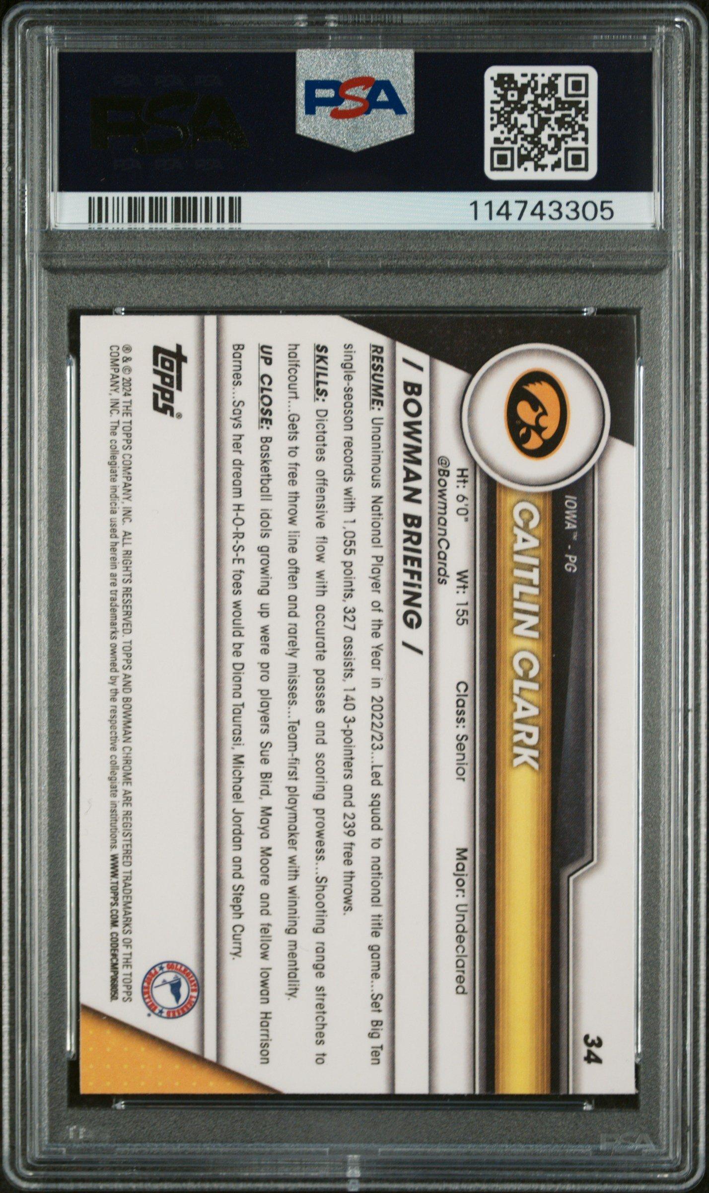 2023 Bowman University Chrome 34 Caitlin Clark Pink Refractor PSA 10