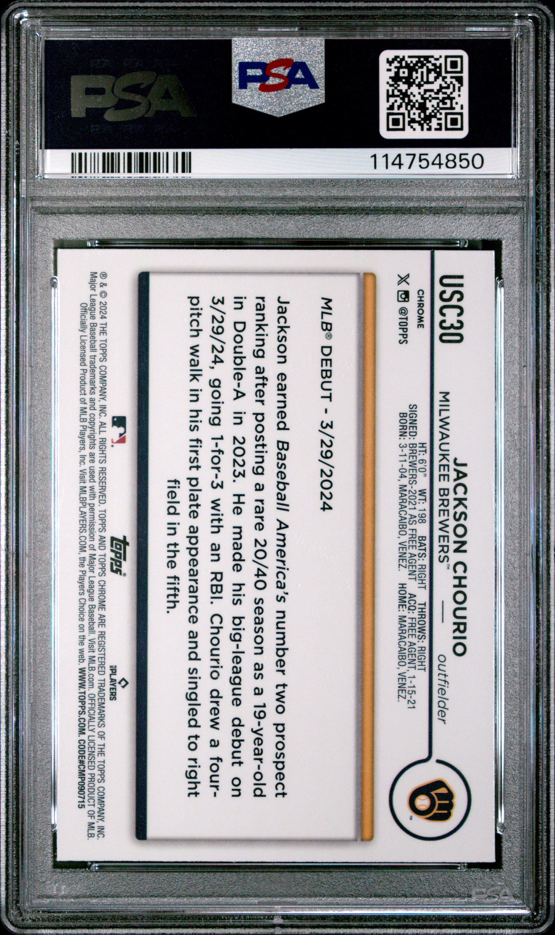 2024 Topps Chrome Update Usc30 Jackson Chourio Raywave Refractor PSA 10