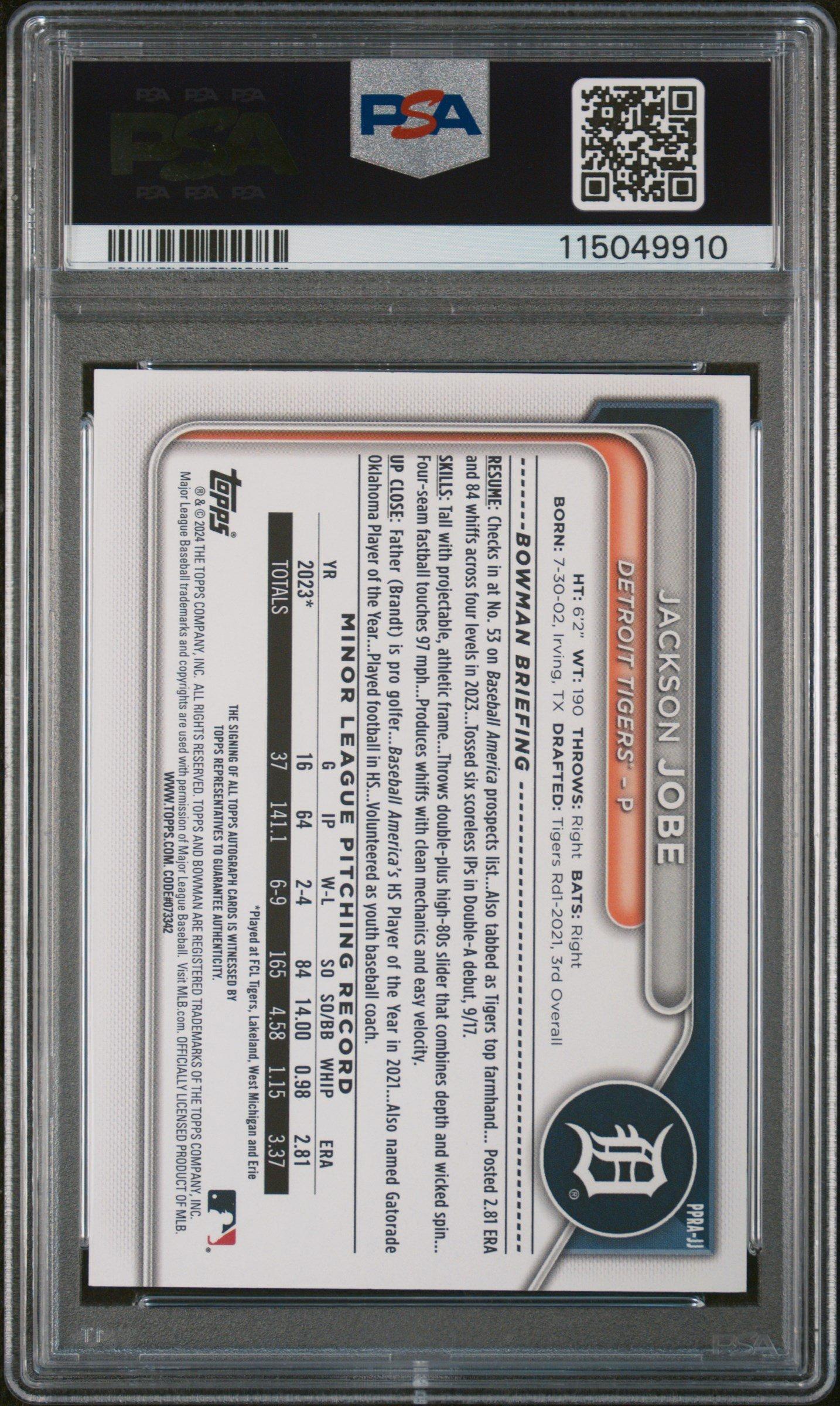2024 Bowman Paper Prospect Autographs Jj Jackson Jobe PSA 10