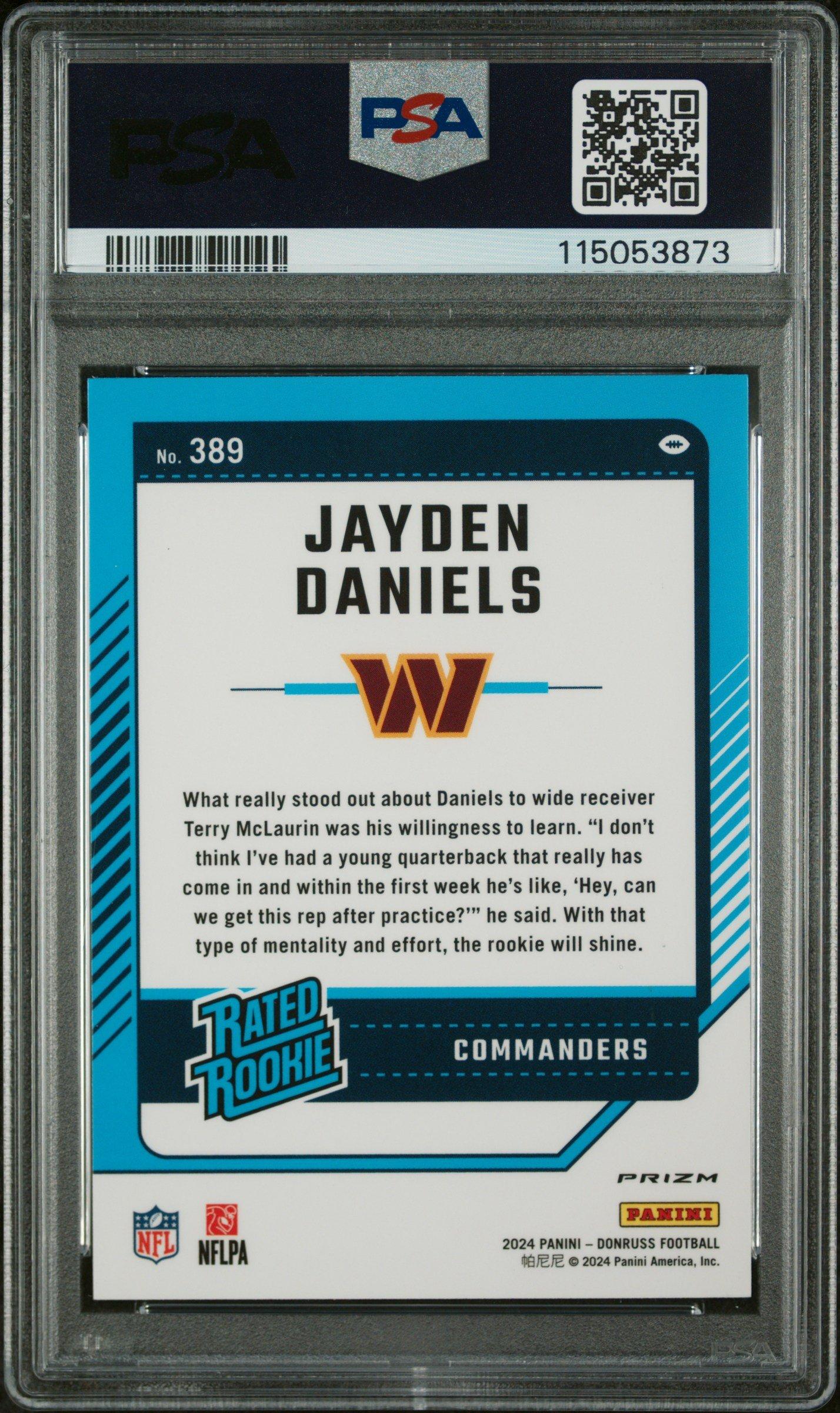 2024 Panini Donruss 389 Jayden Daniels Optic Preview-red & Green PSA 10