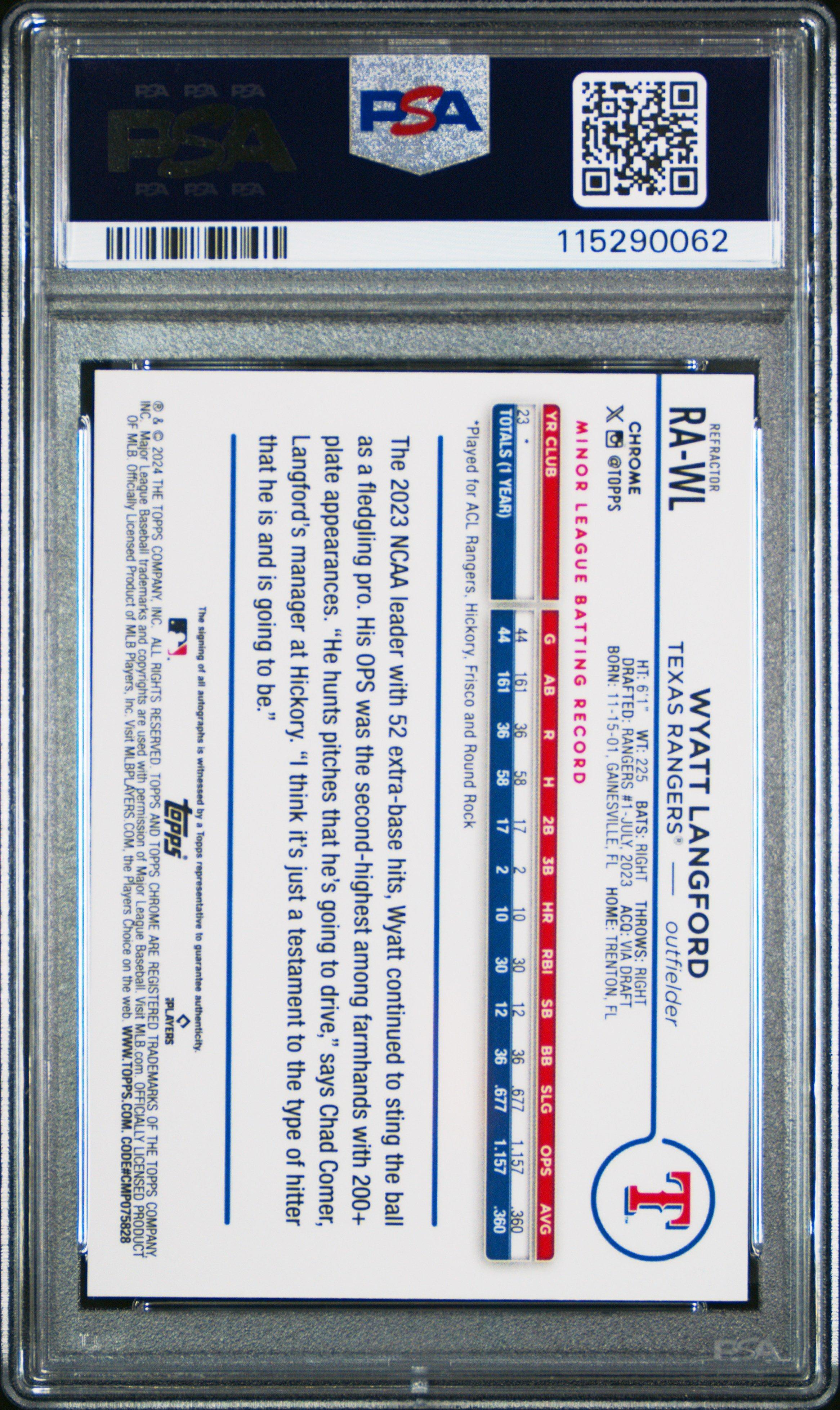2024 Topps Chrome Rookie Autographs Rawl Wyatt Langford Refractor PSA 10
