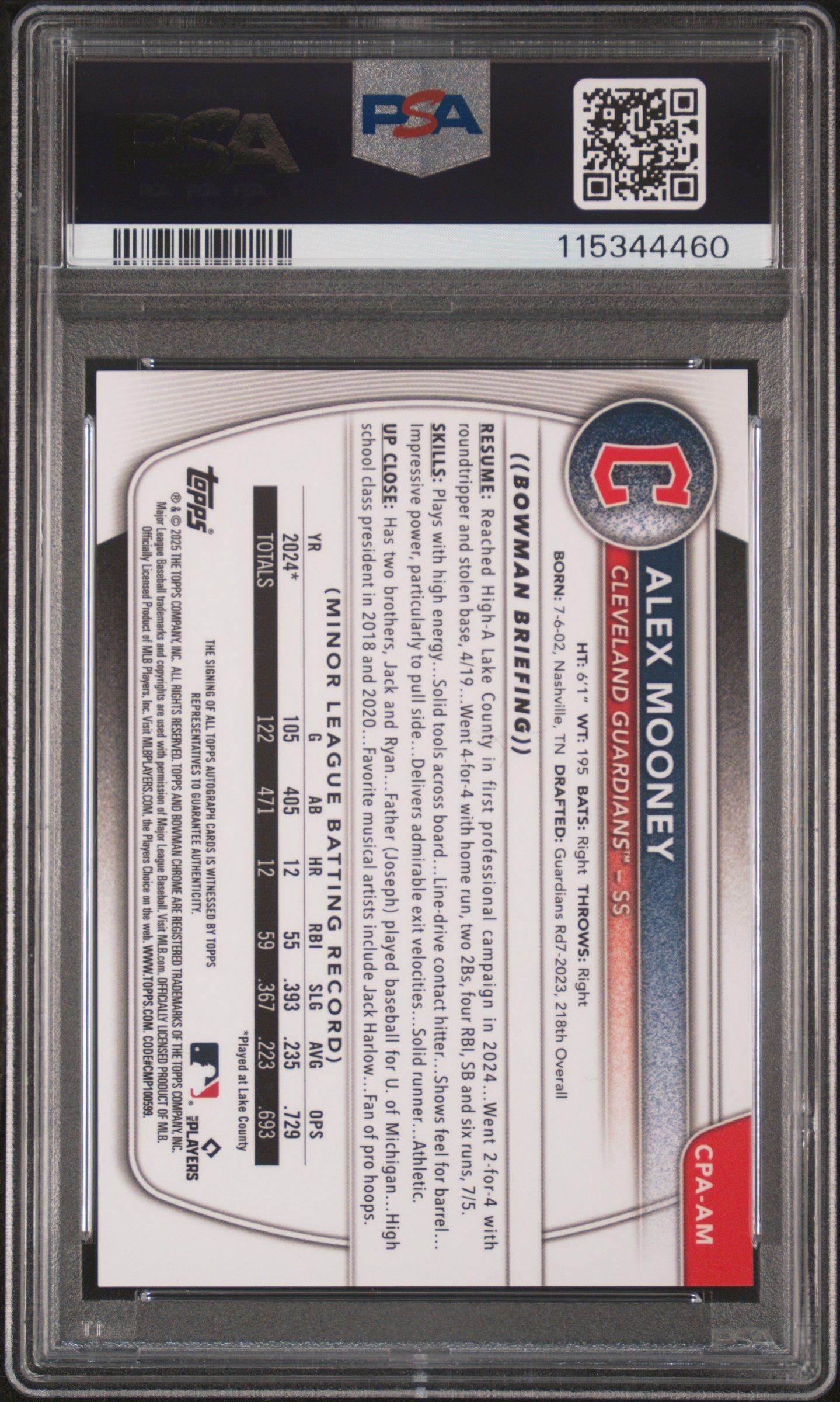 2025 Bowman Chrome Prospect Autographs Cpaam Alex Mooney Blue Refractor PSA 10