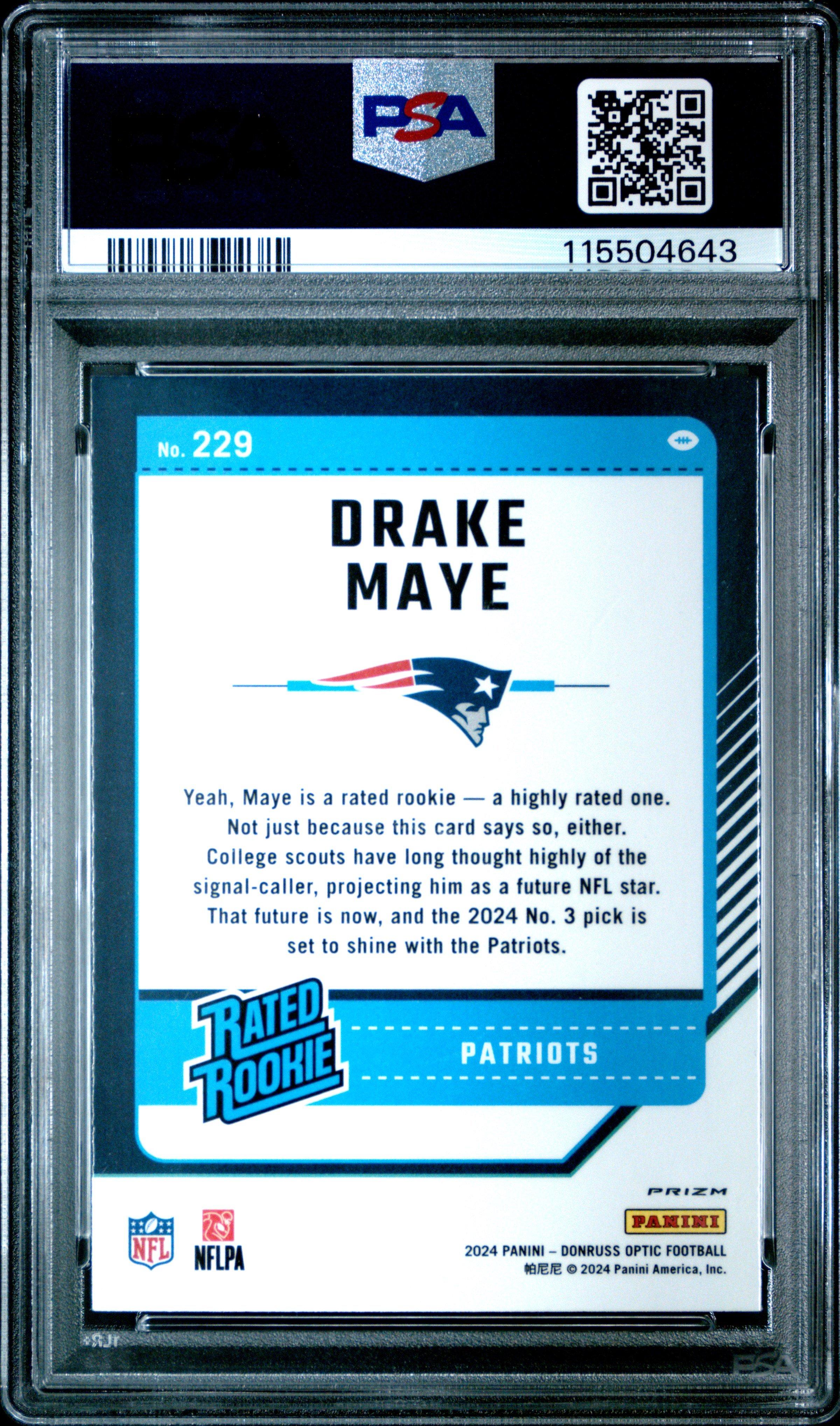 2024 Panini Donruss Optic 229 Drake Maye Purple Shock PSA 10
