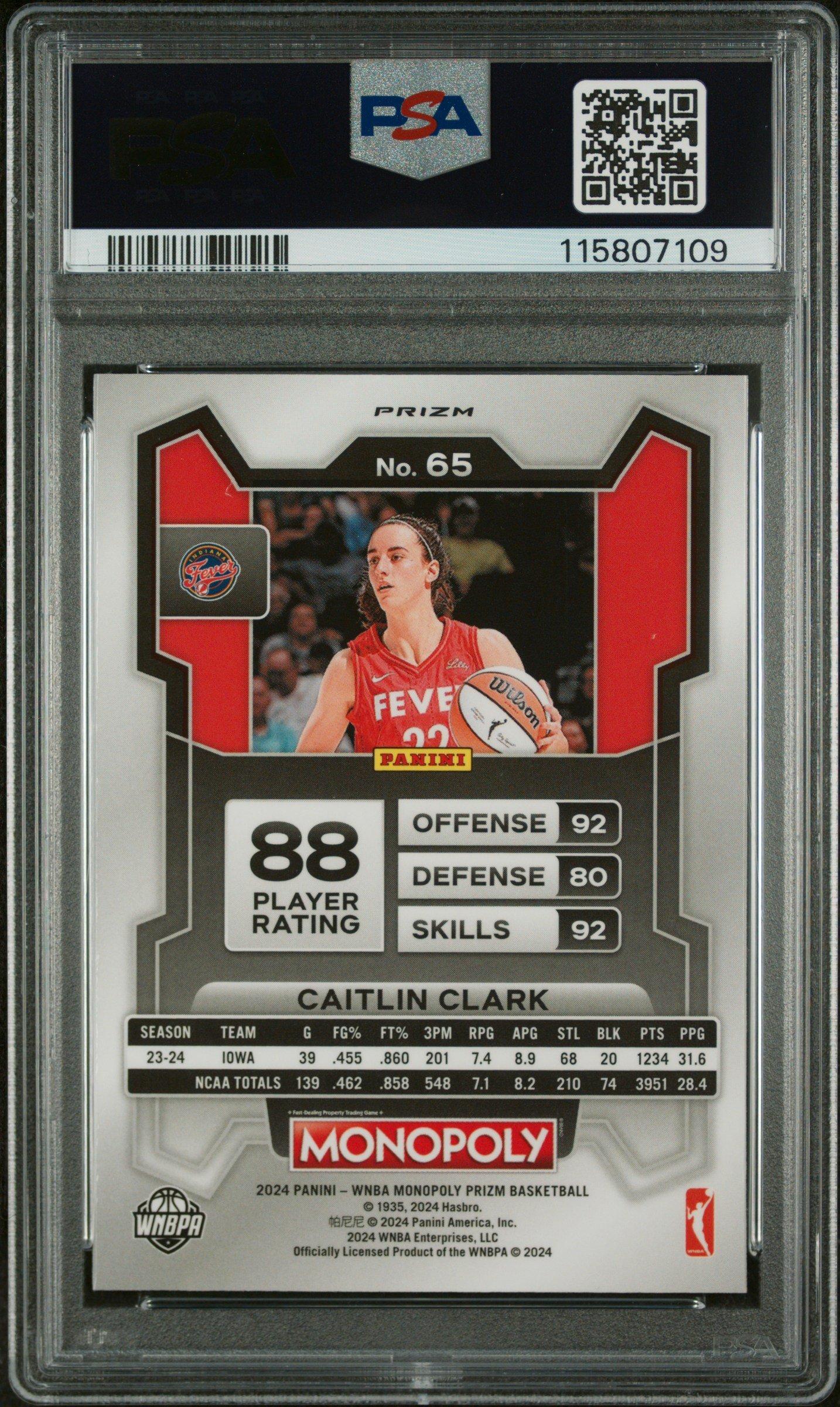 2024 Panini Prizm Monopoly Wnba 65 Caitlin Clark Red Classic Icon PSA 10