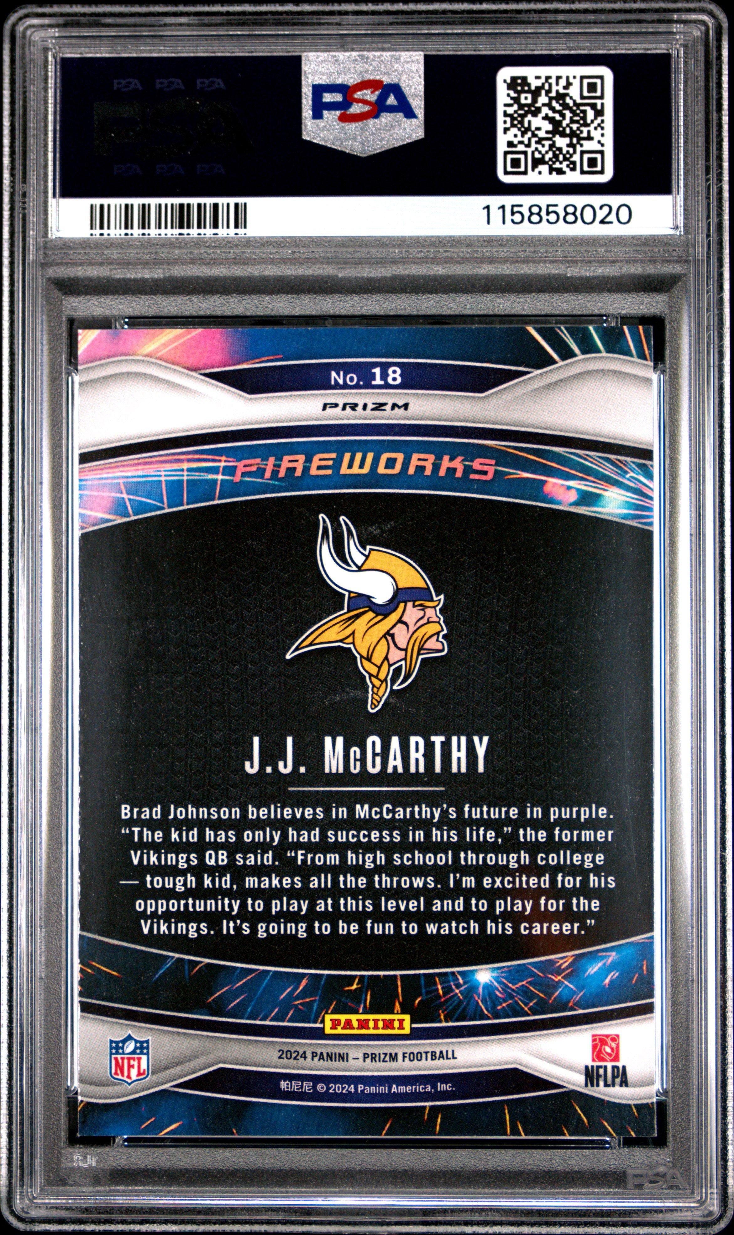 2024 Panini Prizm Fireworks 18 Jj Mccarthy Green Wave PSA 9 Graded