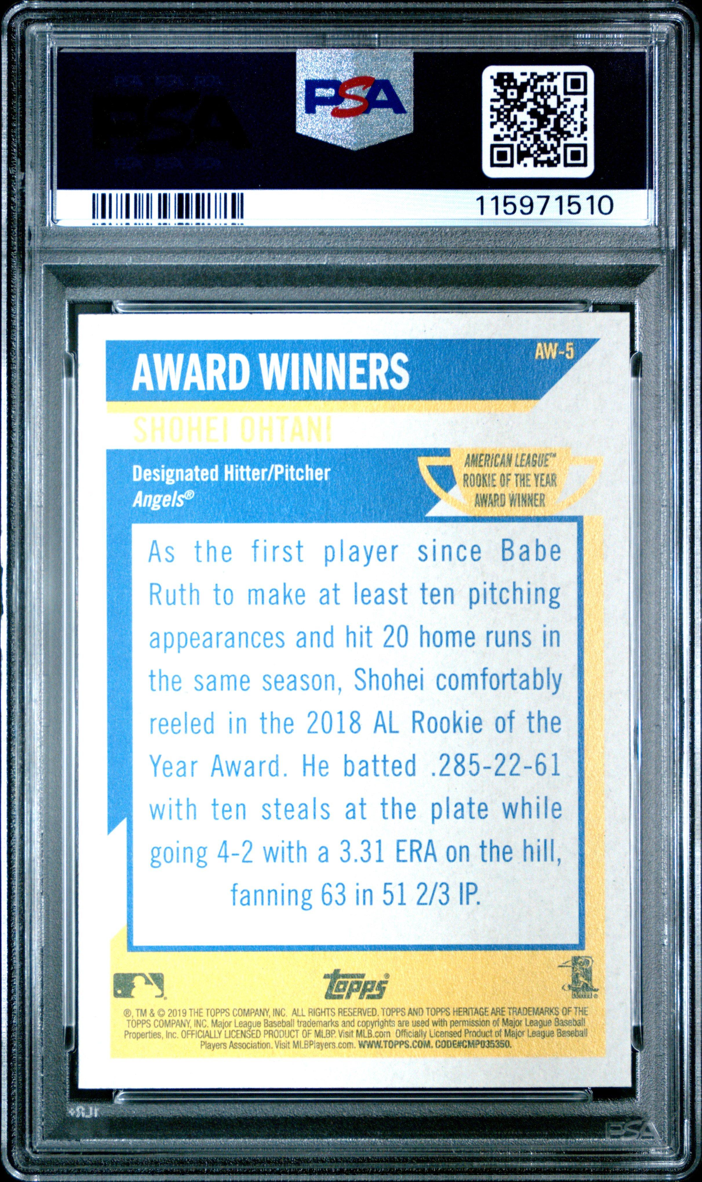 2019 Topps Heritage Award Winners Aw-5 Shohei Ohtani PSA 10 Graded