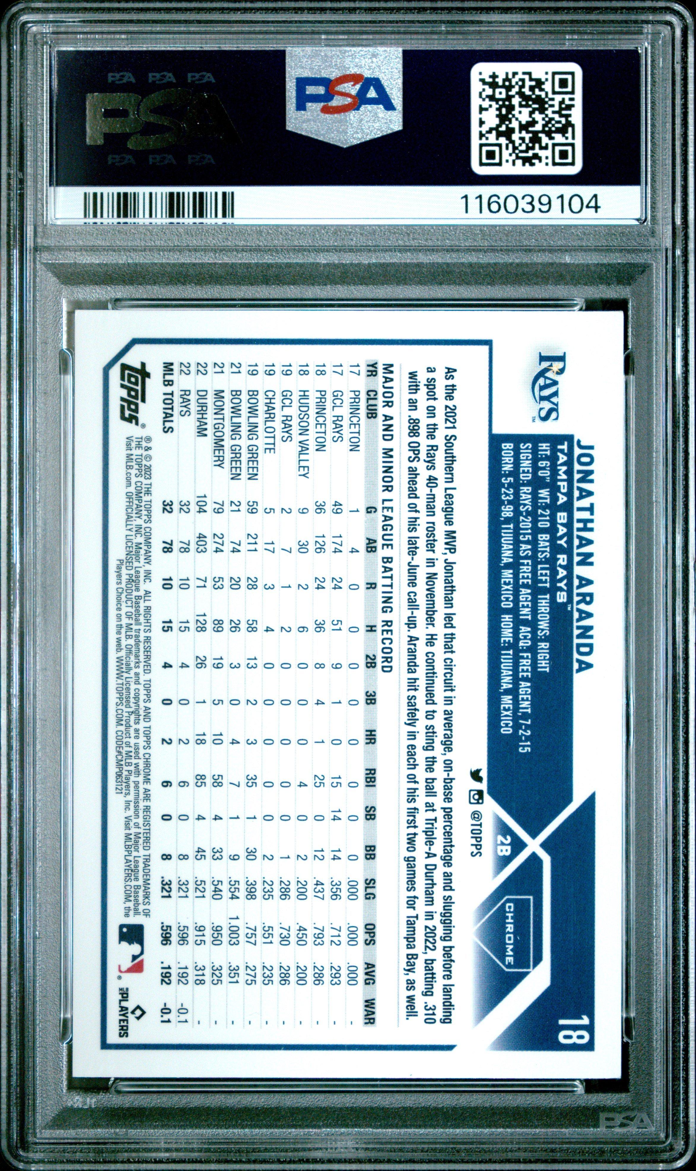 2023 Topps Chrome 18 Jonathan Aranda Magenta Speckle PSA 10