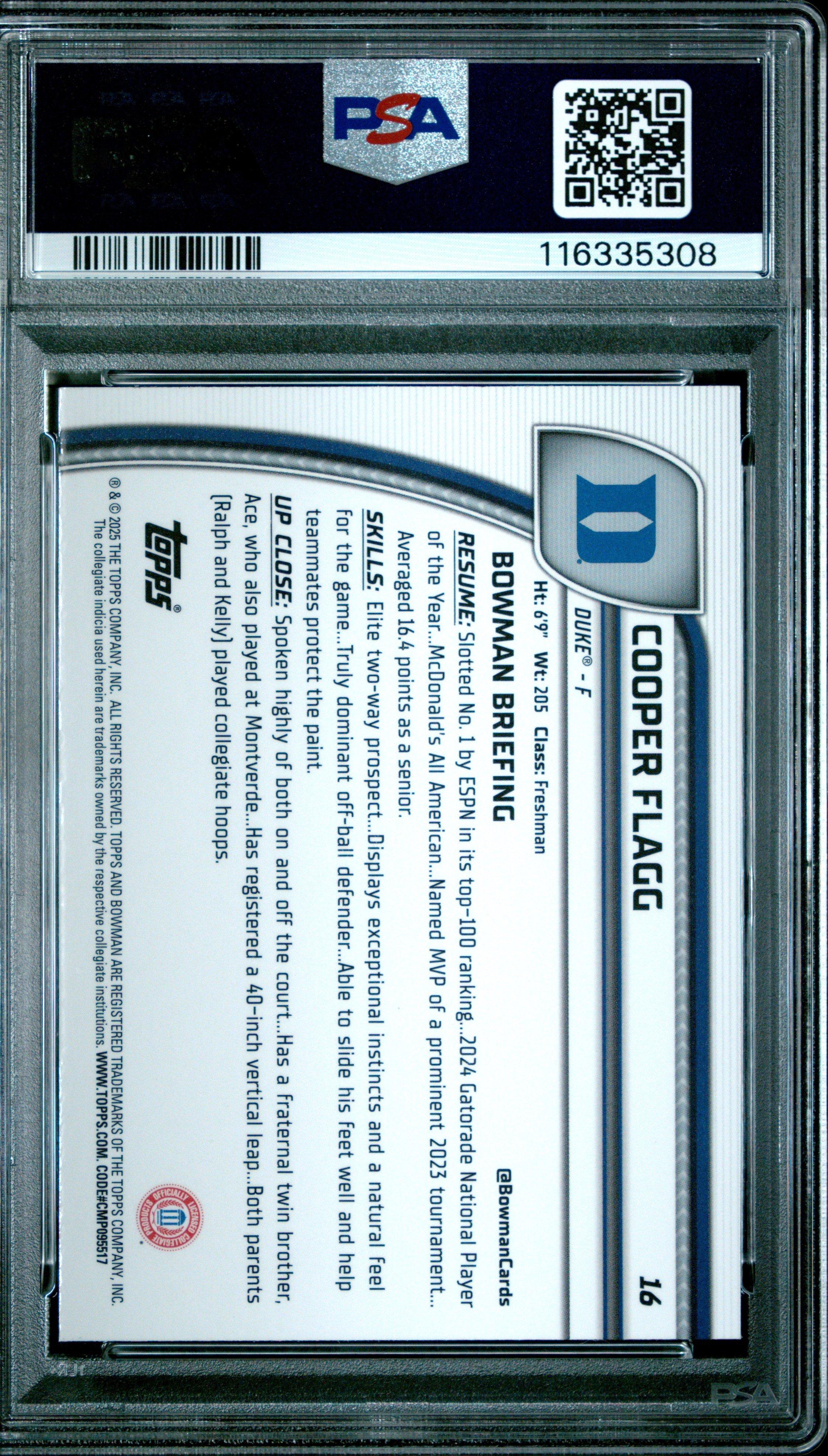 2024 Bowman Chrome University 16 Cooper Flagg Black Wave PSA