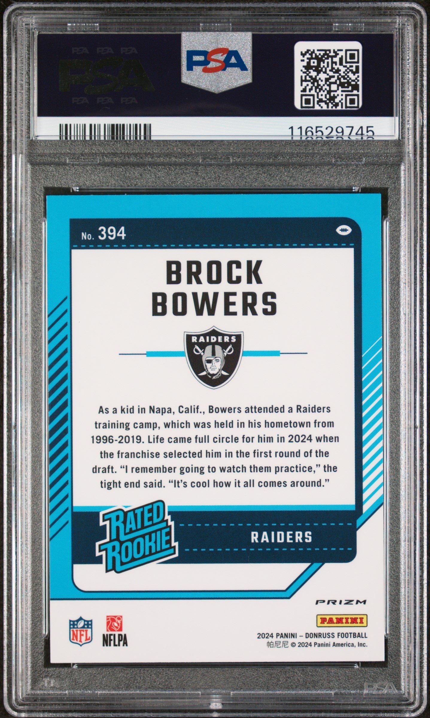 2024 Panini Donruss 394 Brock Bowers Optic Preview-pink PSA 10