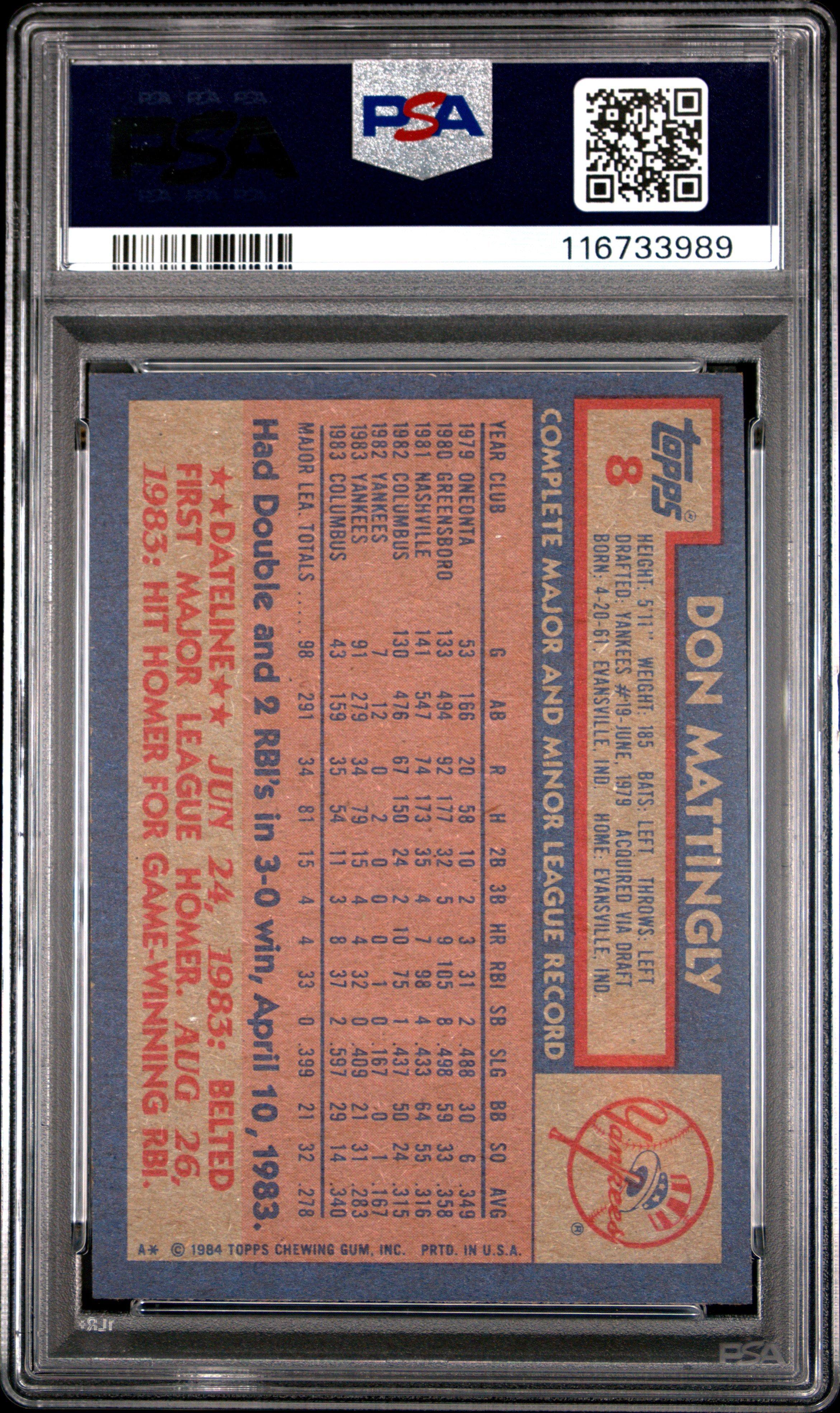 1984 Topps 8 Don Mattingly PSA 8