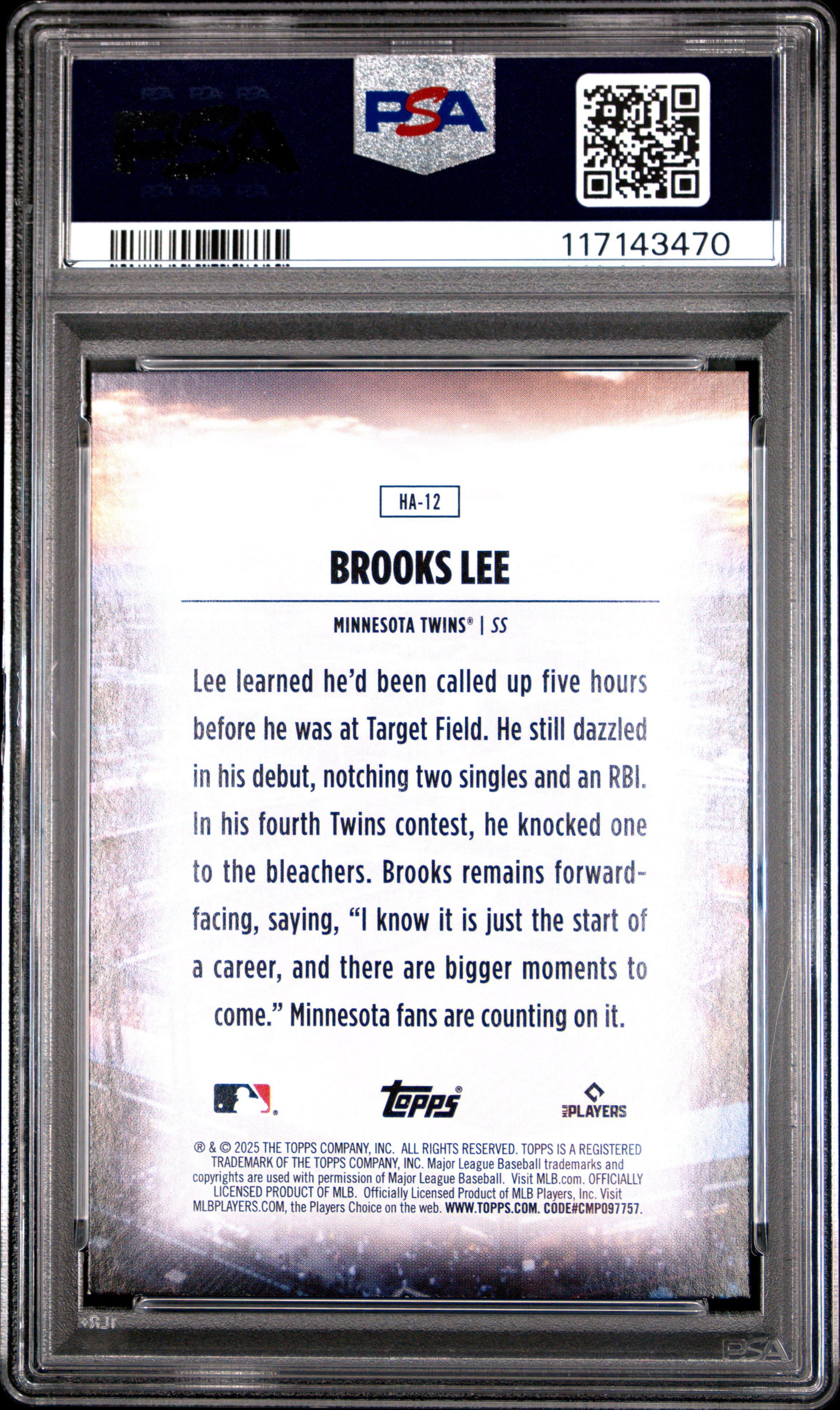 2025 Topps Home Field Advantage Ha12 Brooks Lee PSA 9