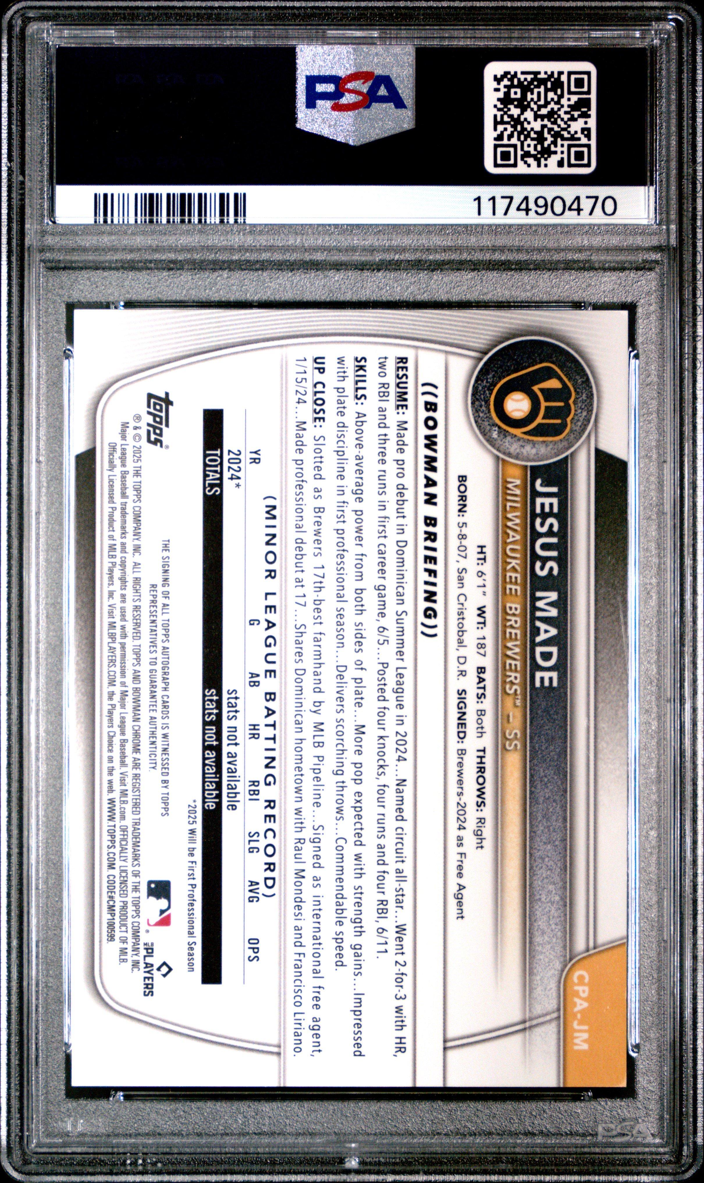 2025 Bowman Chrome Prospect Autographs Cpajm Jesus Made PSA 9