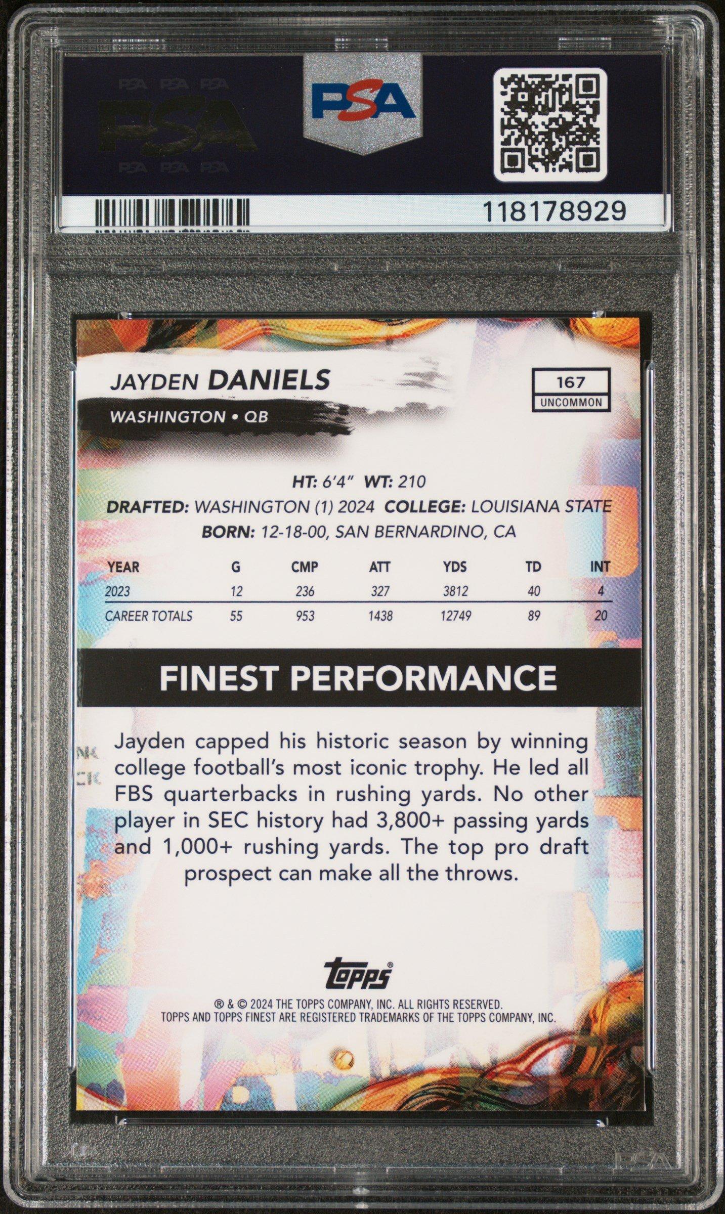2024 Topps Finest 167 Jayden Daniels Blue Refractor PSA 9 Graded